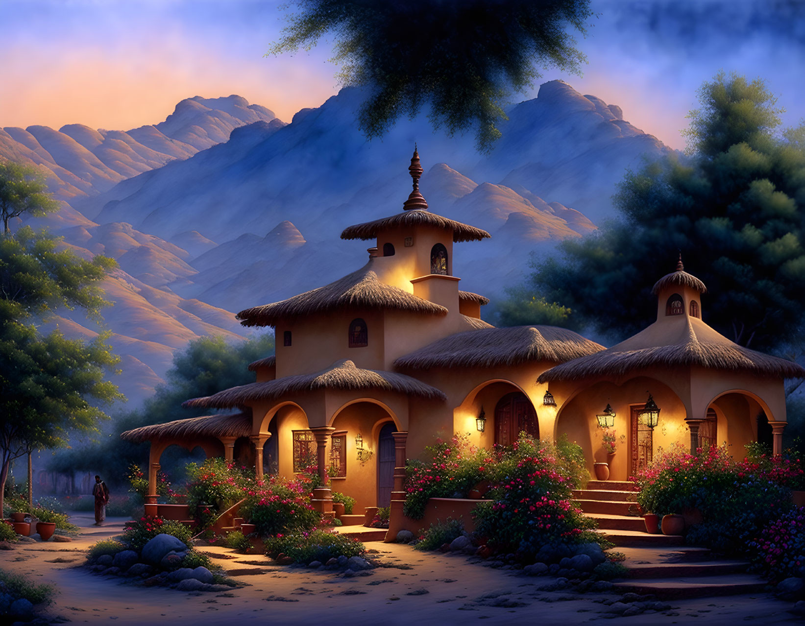 Traditional clay villa in twilight with mountain backdrop