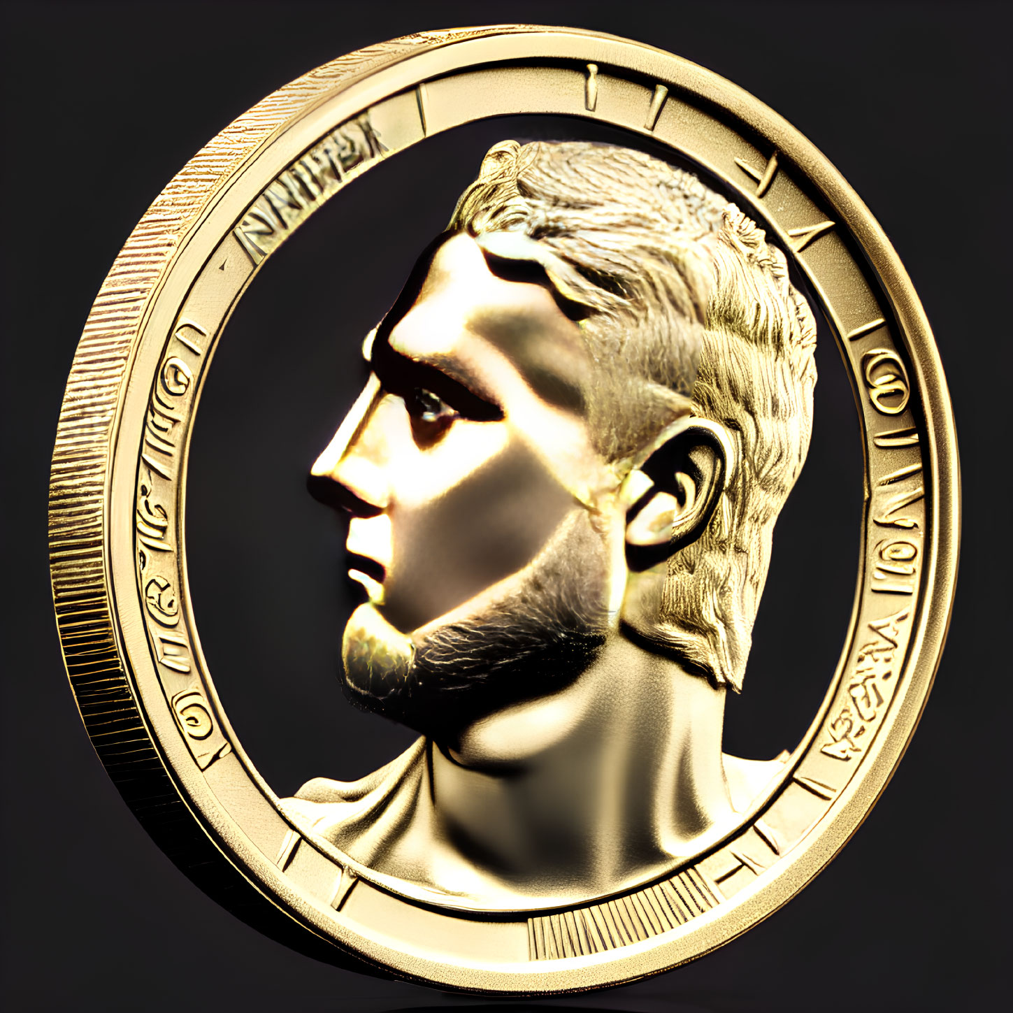 Classical Male Profile Gold Coin with Inscriptions and Decorative Patterns