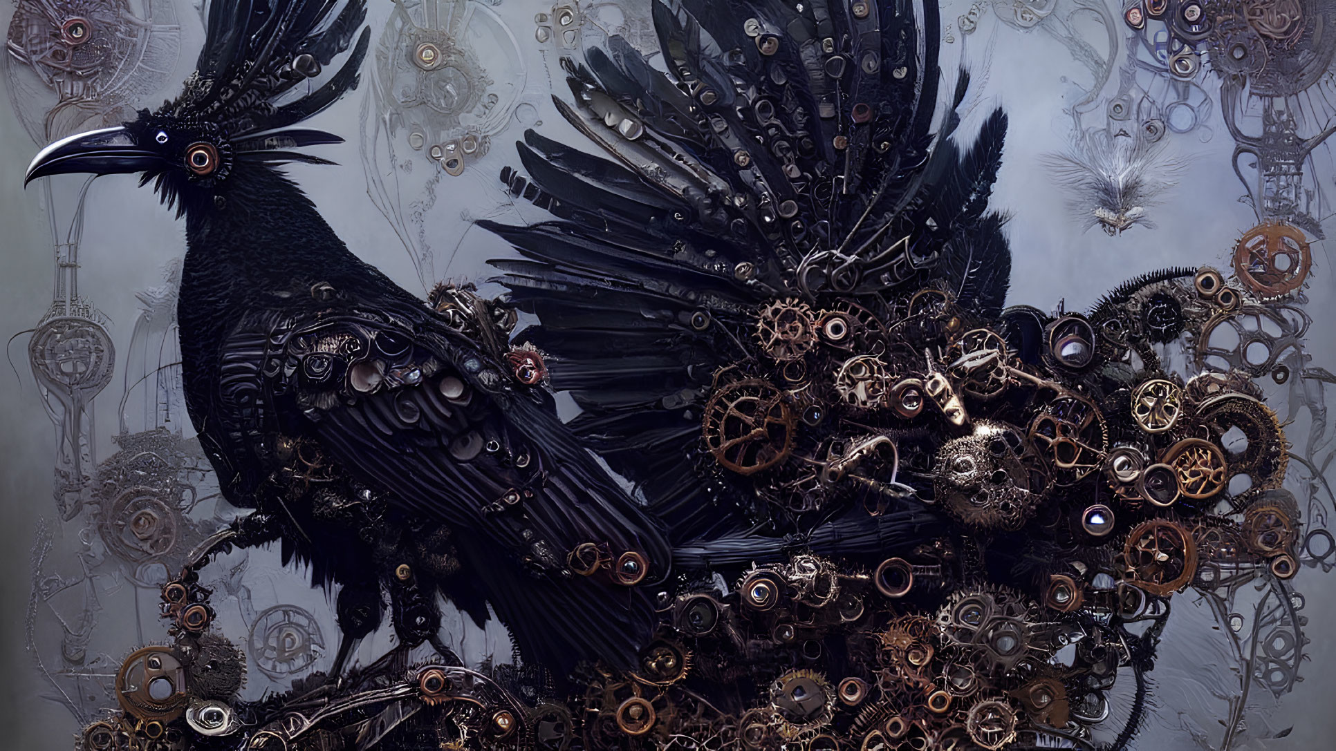 Steampunk-inspired mechanical raven with clockwork gears on cog-filled backdrop