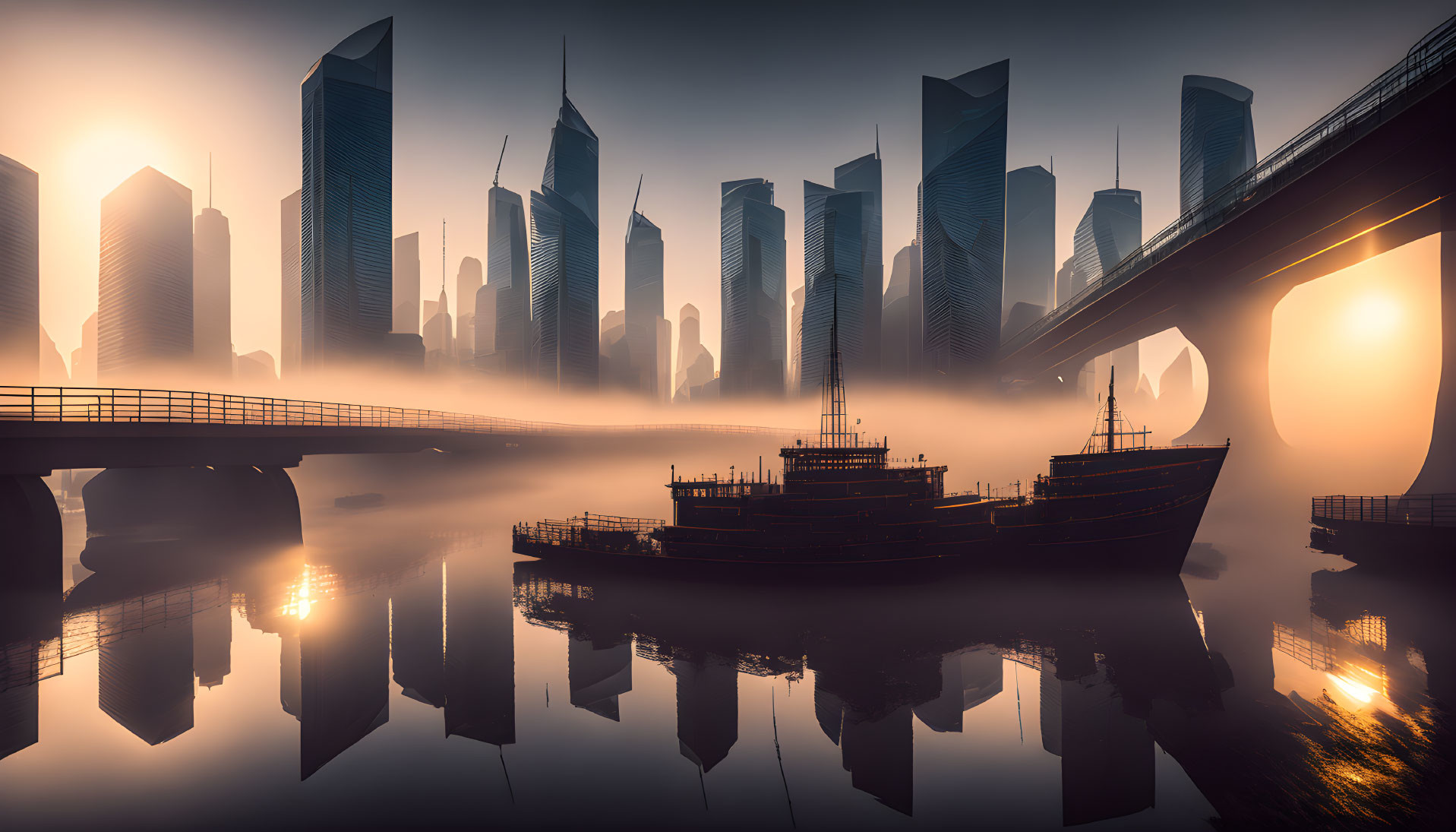 Tranquil dawn cityscape with misty skyscraper silhouettes and calm river reflections