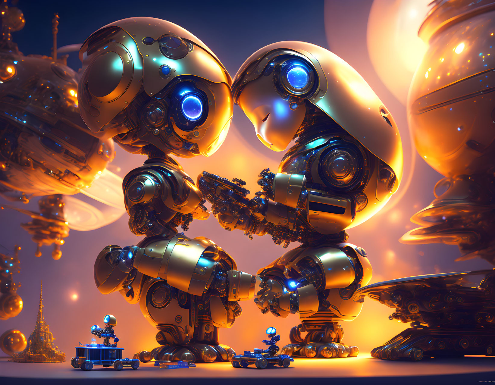 Futuristic robots in tender moment in glowing cityscape