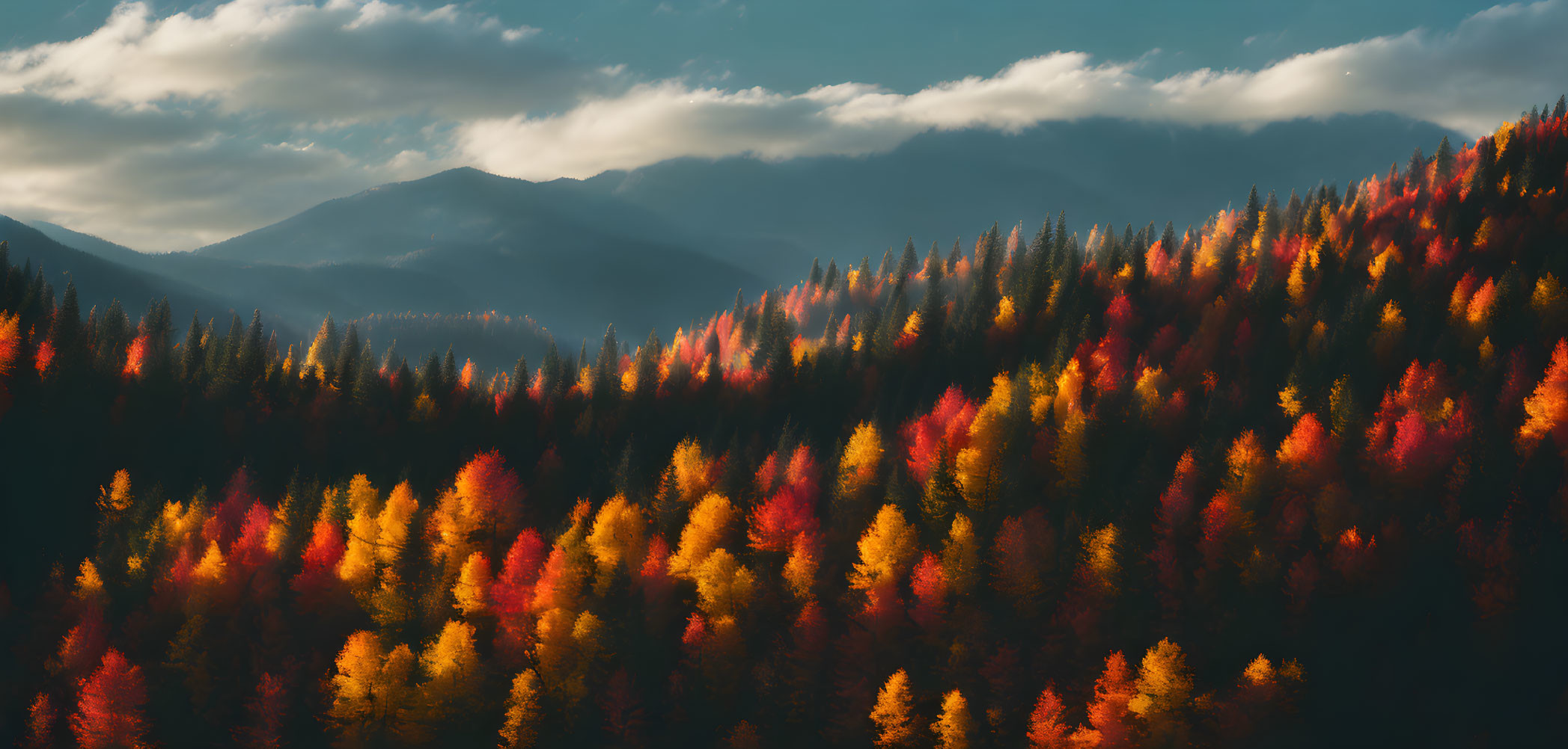 Vibrant Autumn Forest with Mountain Backdrop at Sunset