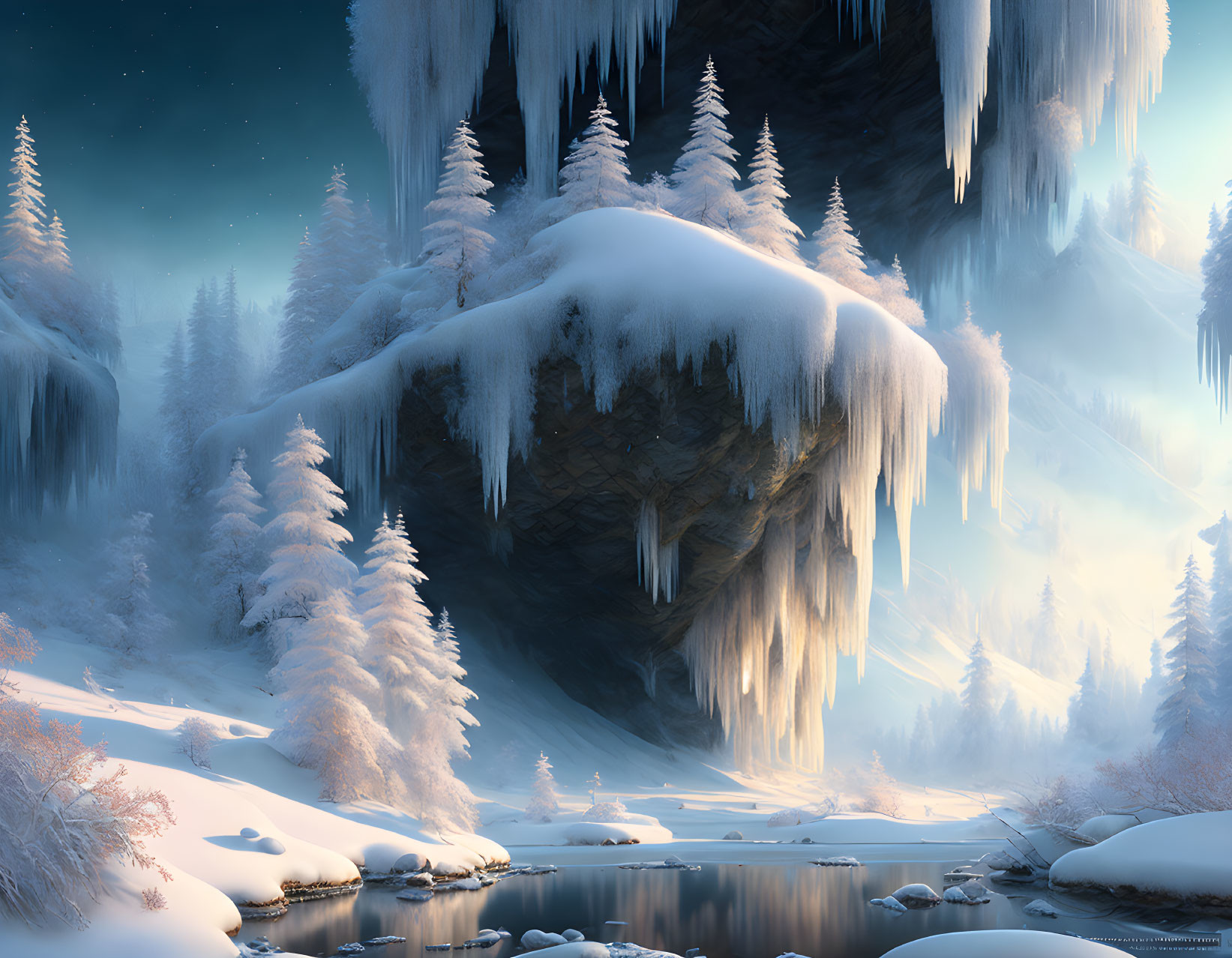 Snow-covered landscape with frozen river, icicle cliffs, and pine trees in serene winter scene