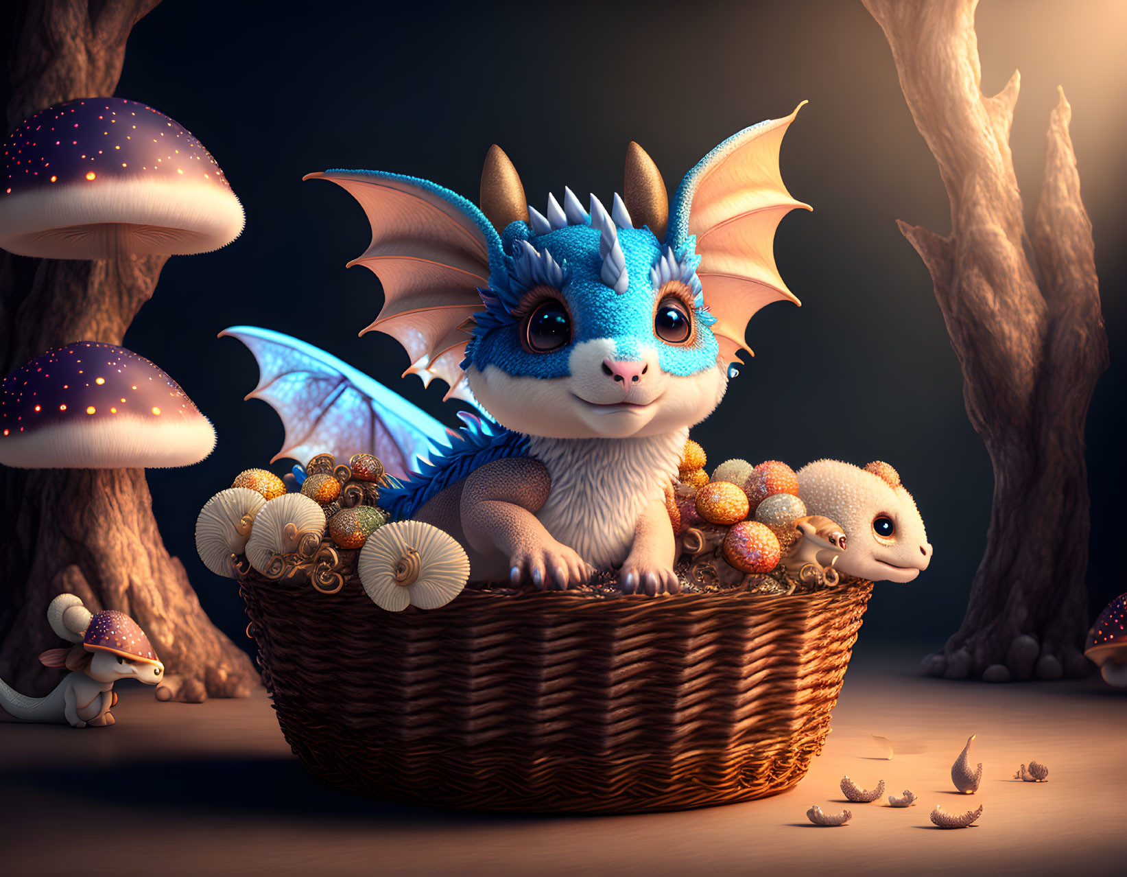 Fantasy dragon-cat hybrid in wicker basket with glowing mushrooms