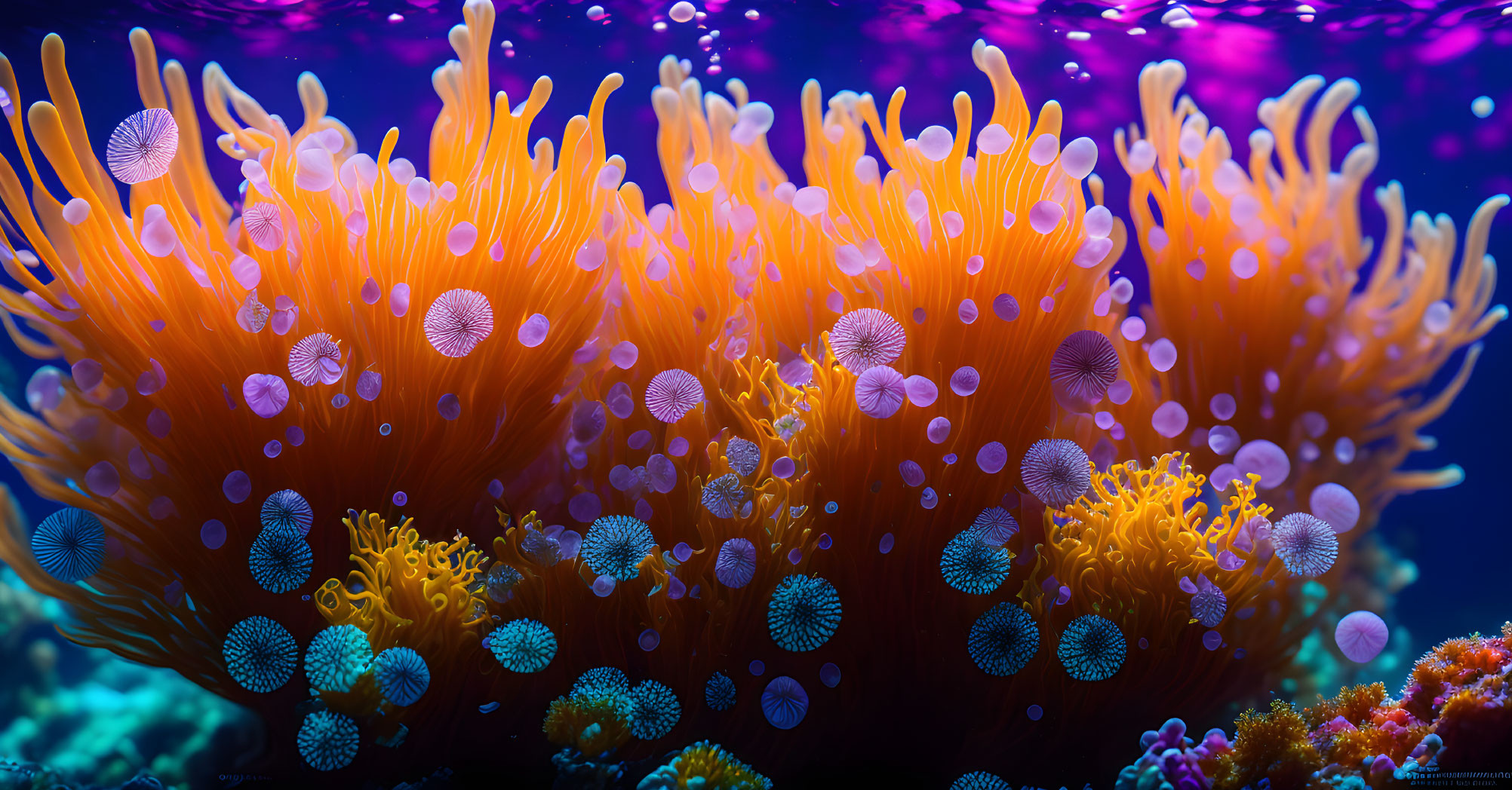 Colorful sea anemone and translucent white creatures on dark blue background