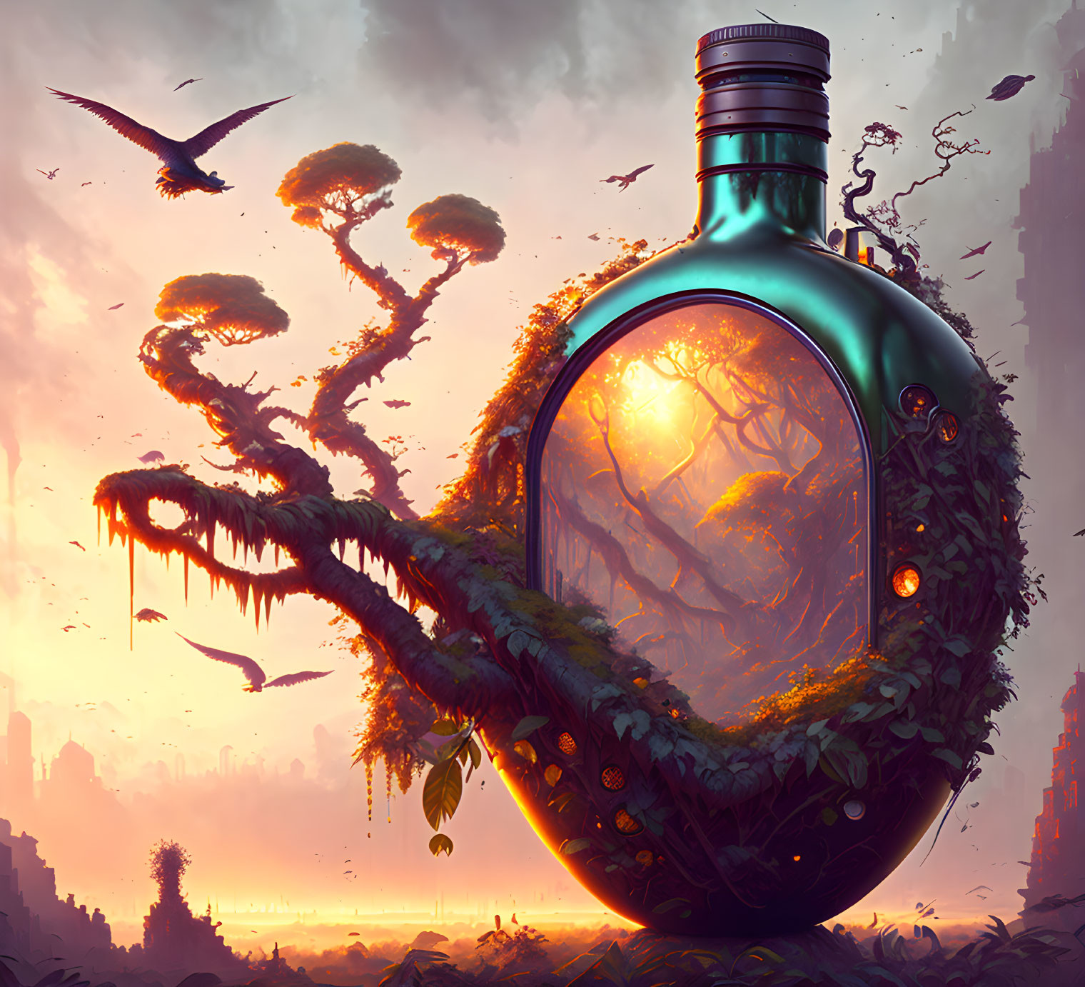 Miniature forest ecosystem in oversized bottle with bonsai trees at sunset