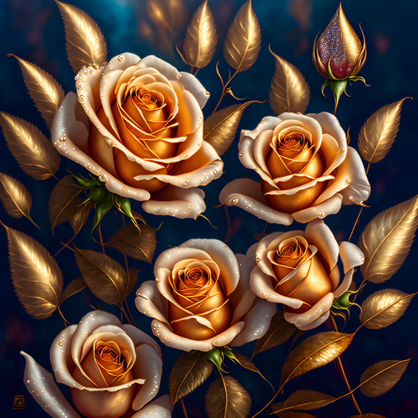 Five Golden Roses with Dewdrops on Bronze-Tinted Leaves