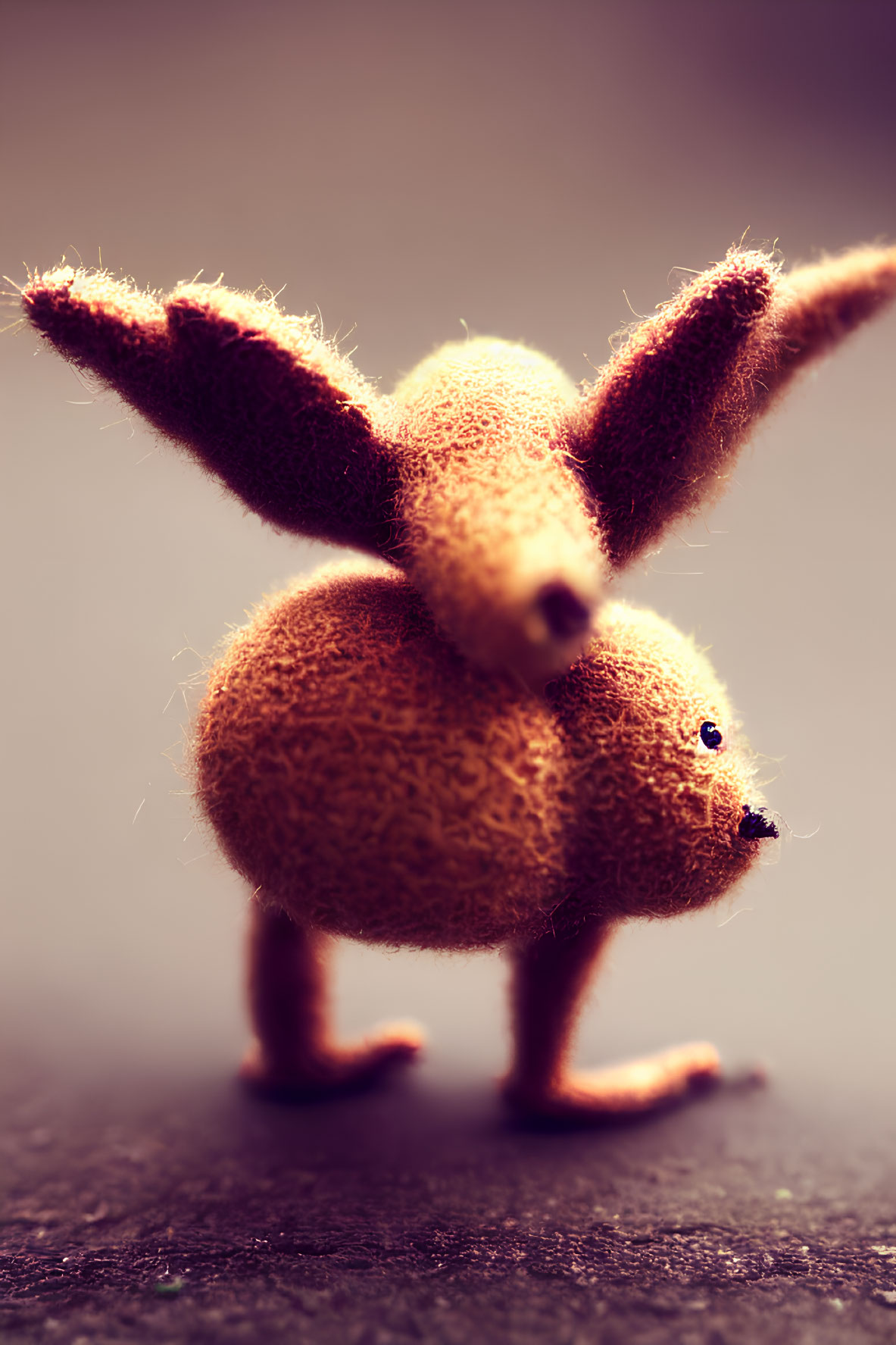 Fuzzy brown rabbit figurine with long ears and black eyes on soft-focus background