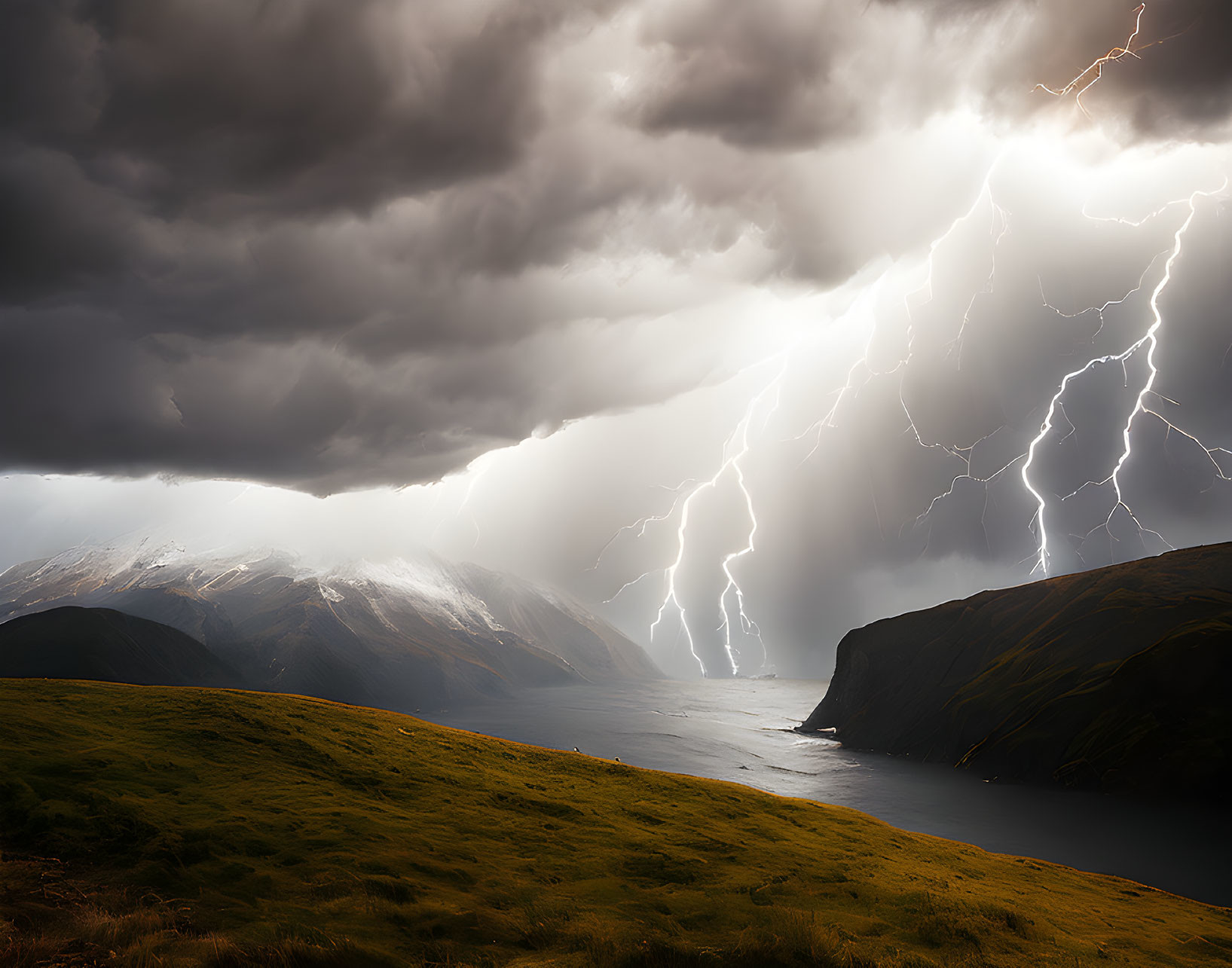 Dramatic lightning storm over coastal mountains with sunlight breaking through clouds