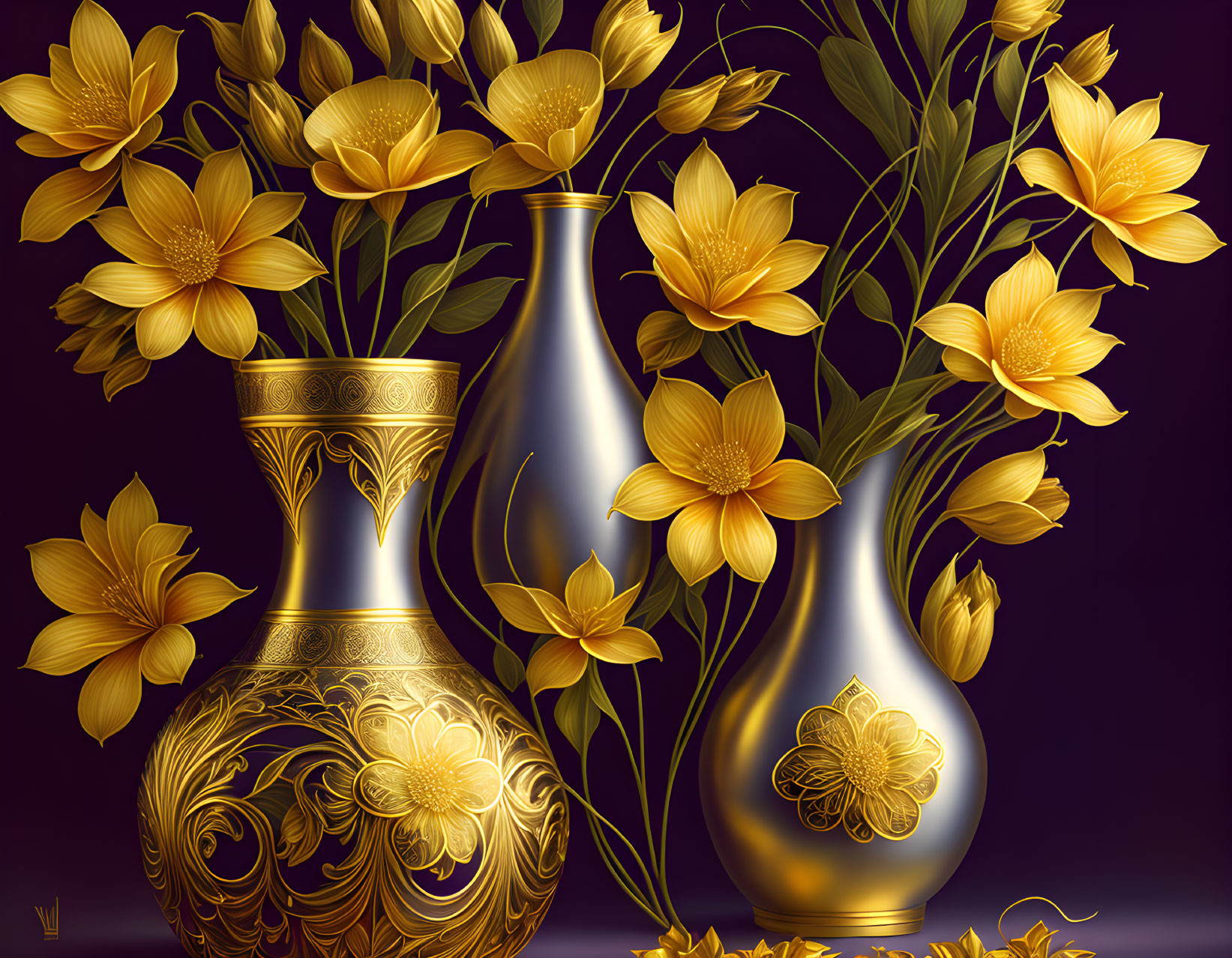 Ornate Golden Vases with Embossed Designs and Blooming Flowers on Dark Purple Background