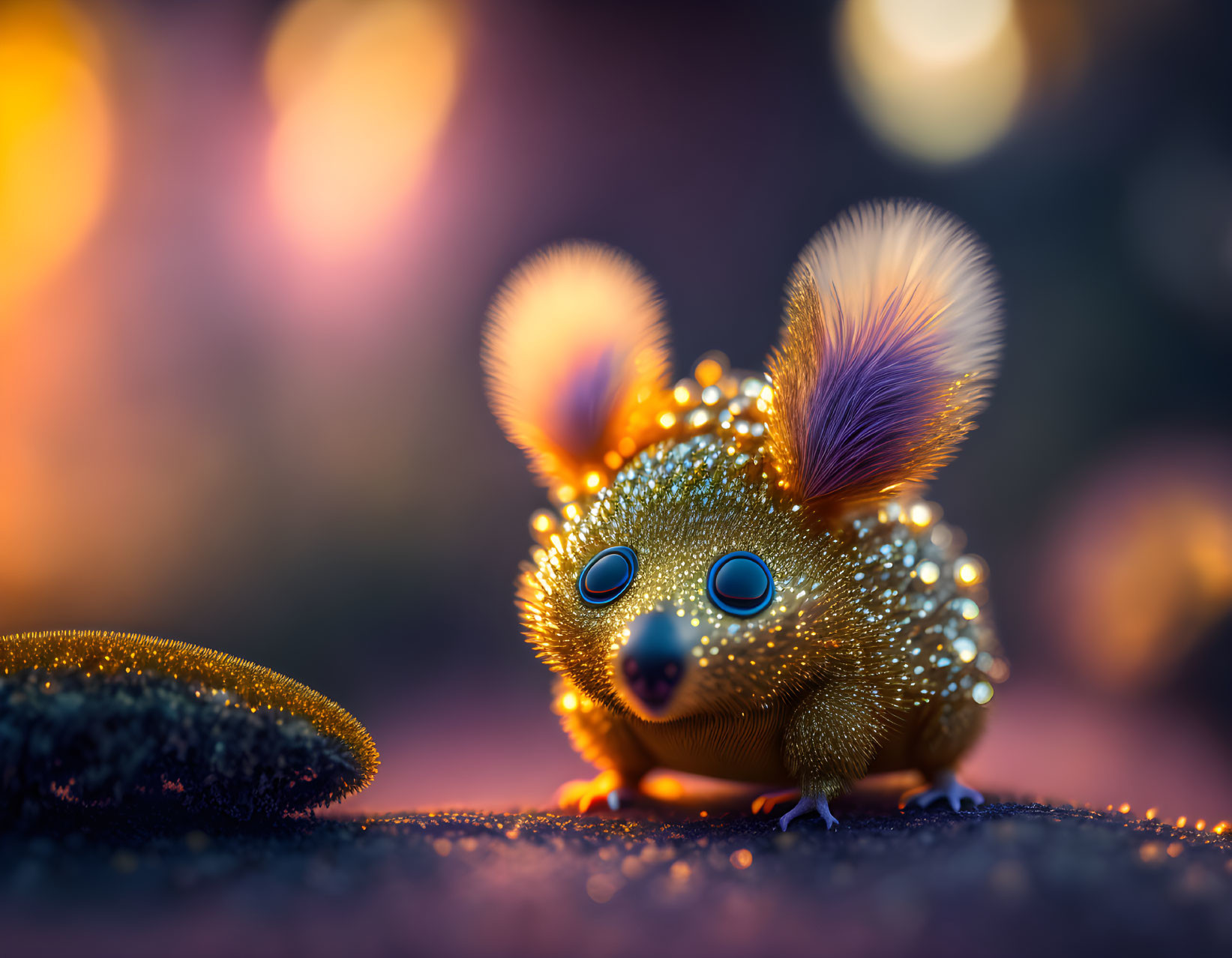 Shiny-furred mouse-like creature with blue eyes and vibrant ear tufts in dreamy setting