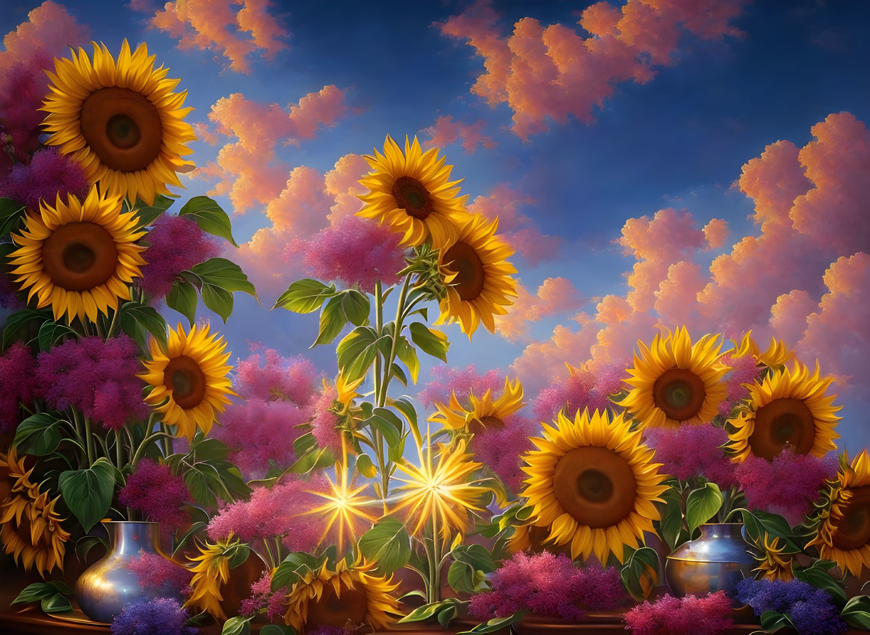 Vibrant garden scene with sunflowers, pink blossoms, and watering can