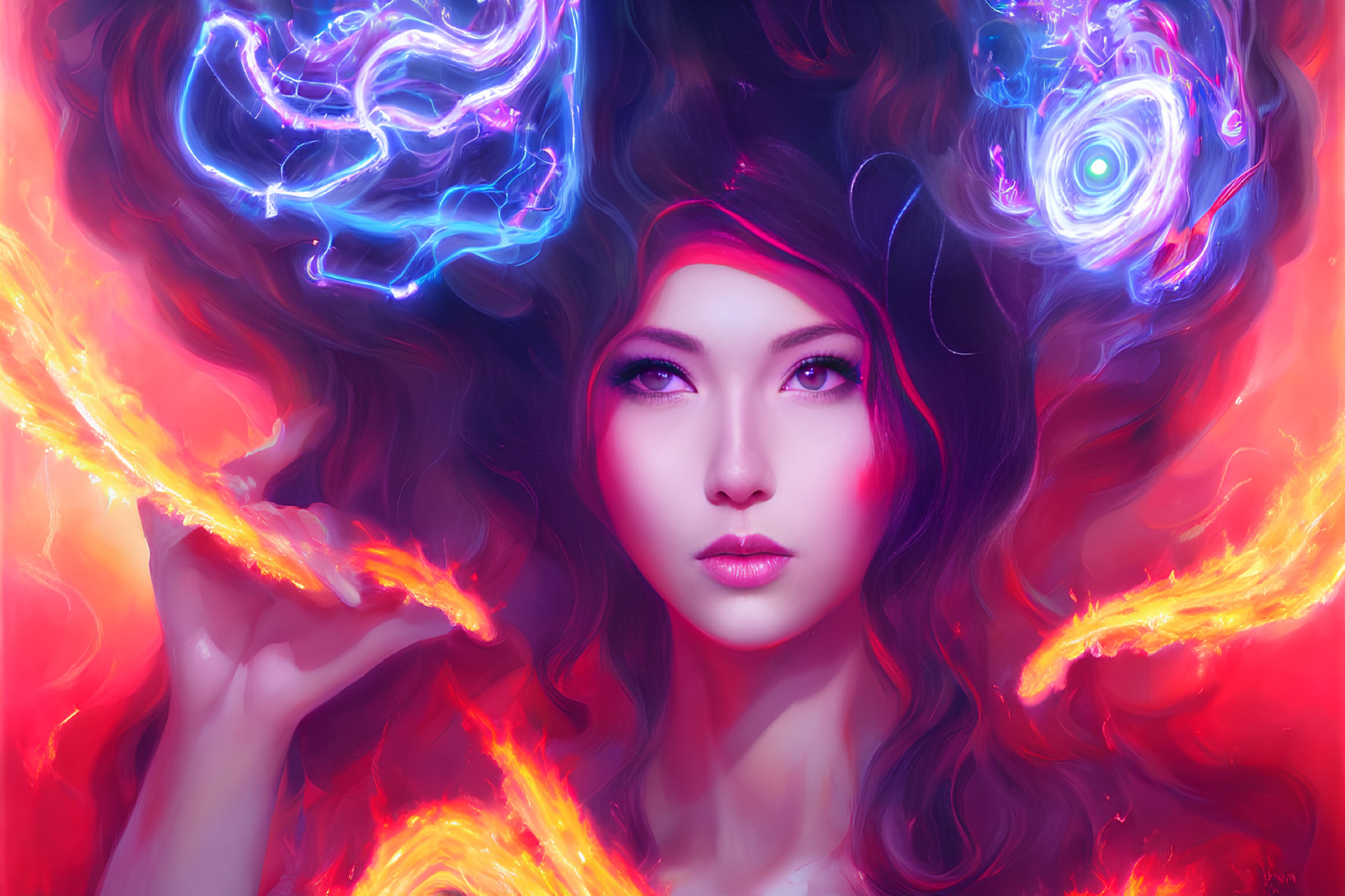 Digital artwork of woman with flowing hair in fiery orange and mystical blue lights