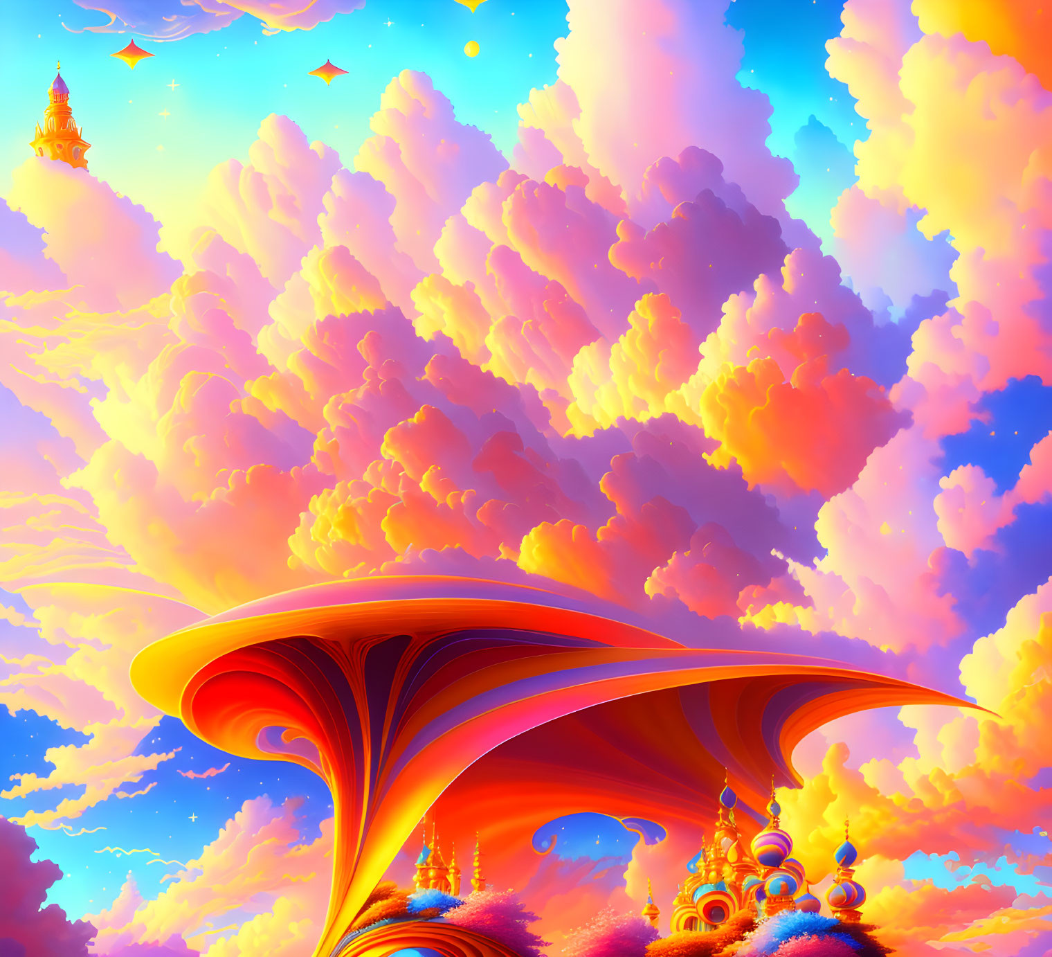 Surreal landscape with floating architecture and colorful sky