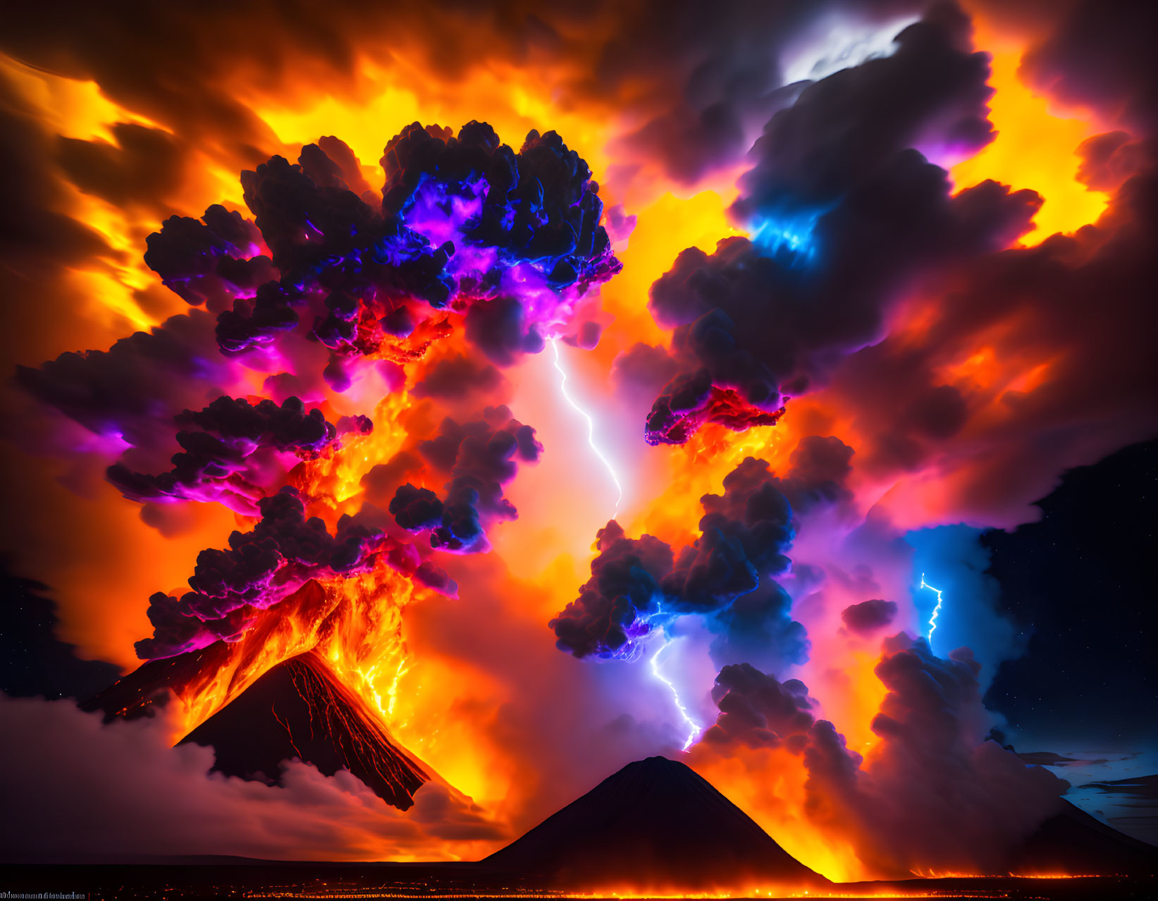 Erupting volcano with lightning in orange, purple, and blue sky