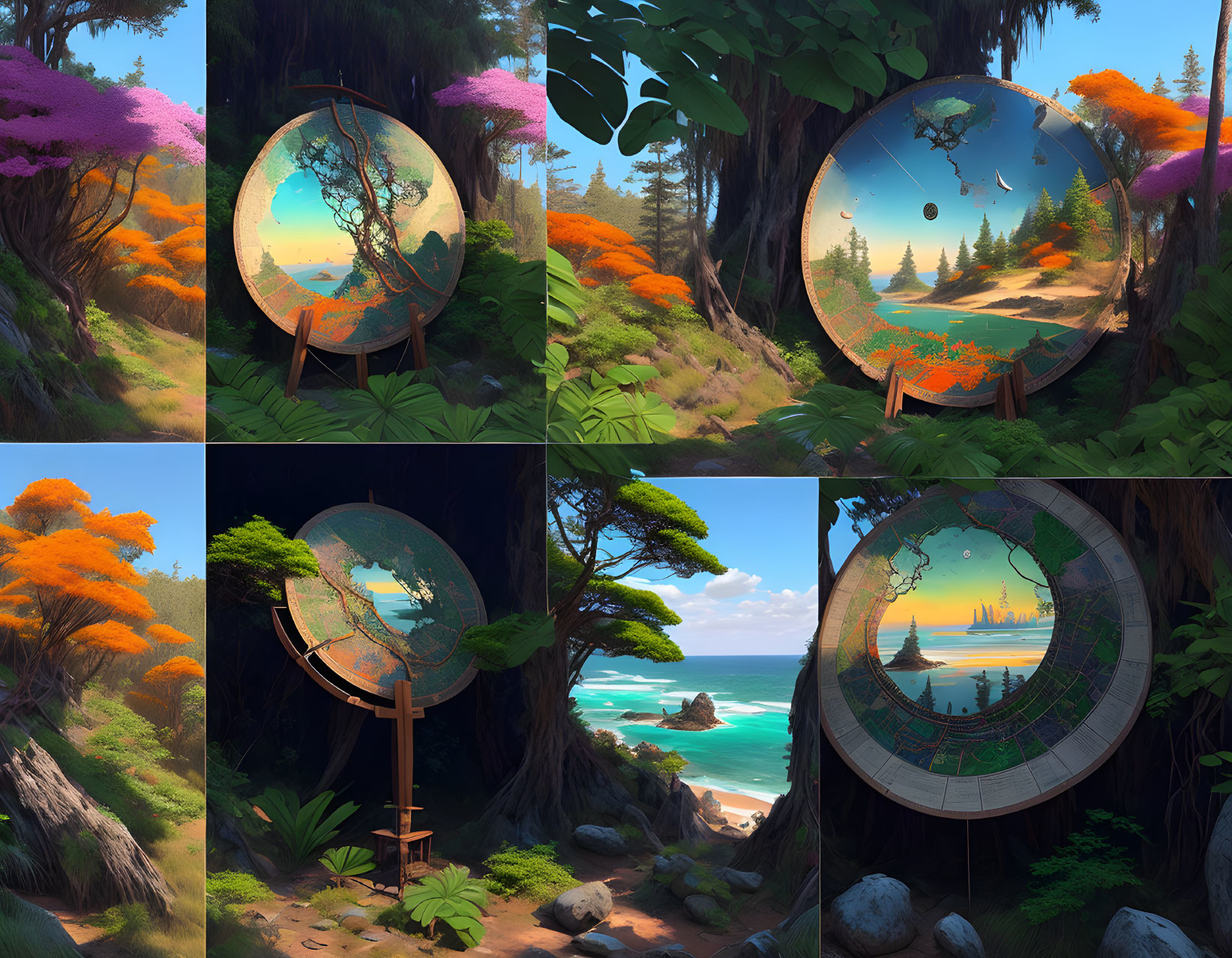 Scenic illustrations blending nature and maps, featuring diverse ecosystems in circular frames