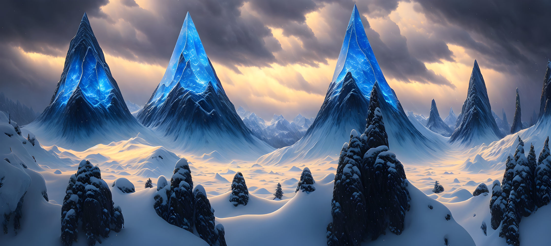 Panoramic fantasy landscape with glowing blue peaks and snow-covered mountains