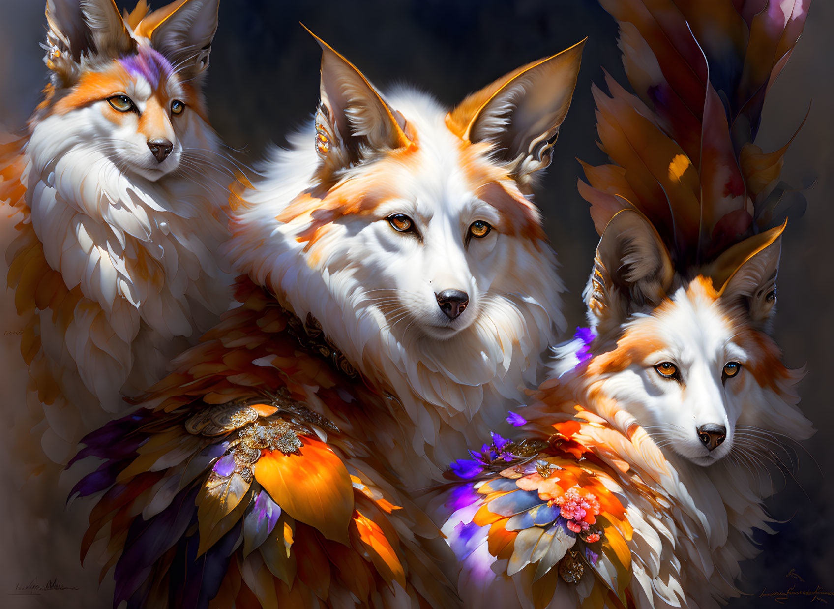 Vibrant feathered fur stylized foxes on dark background