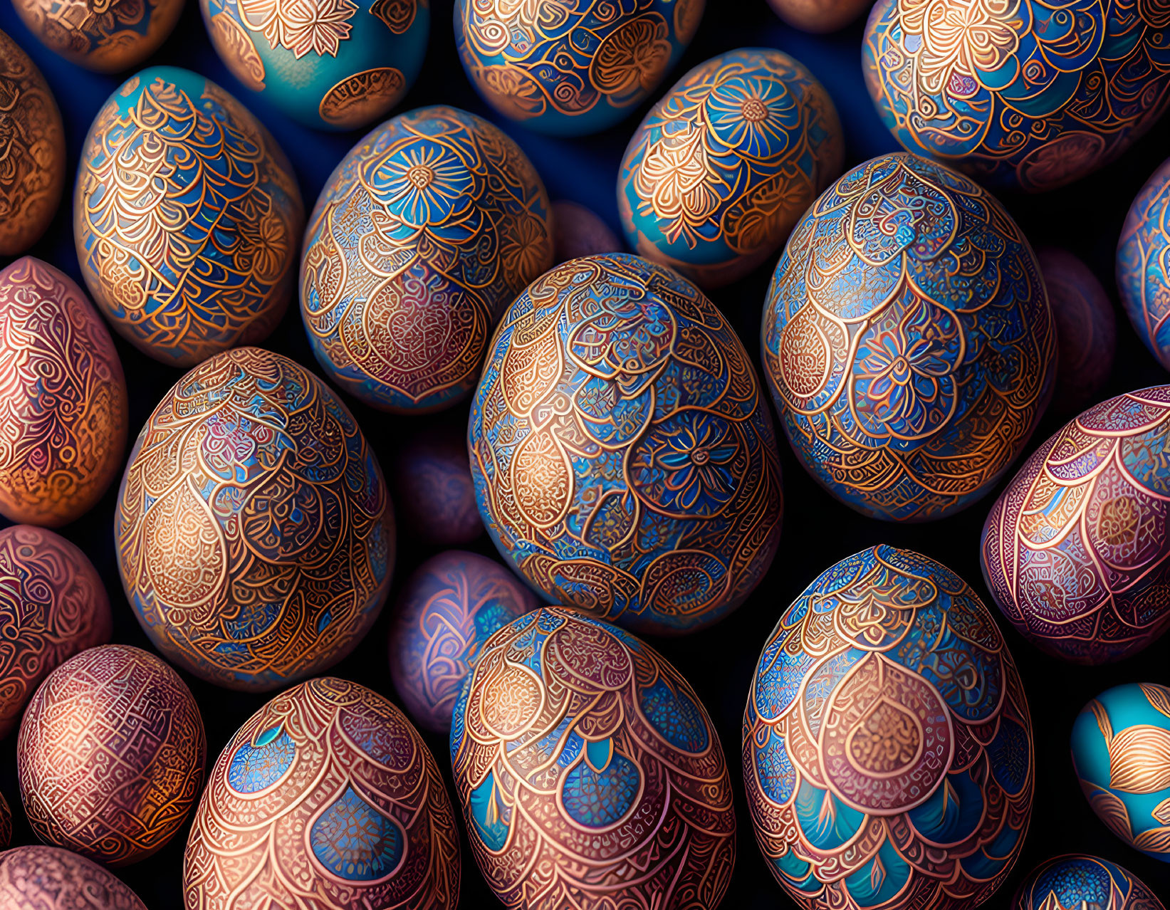 Colorful Intricate Easter Eggs on Dark Background