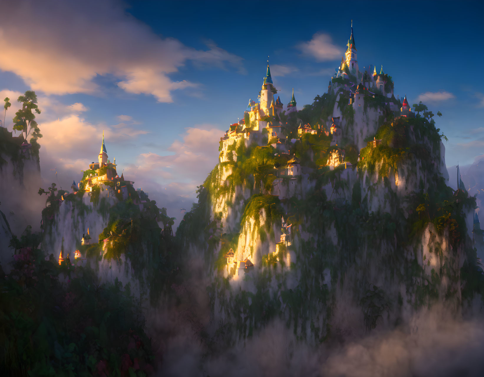 Majestic castles on lush cliffs in fantasy landscape at twilight
