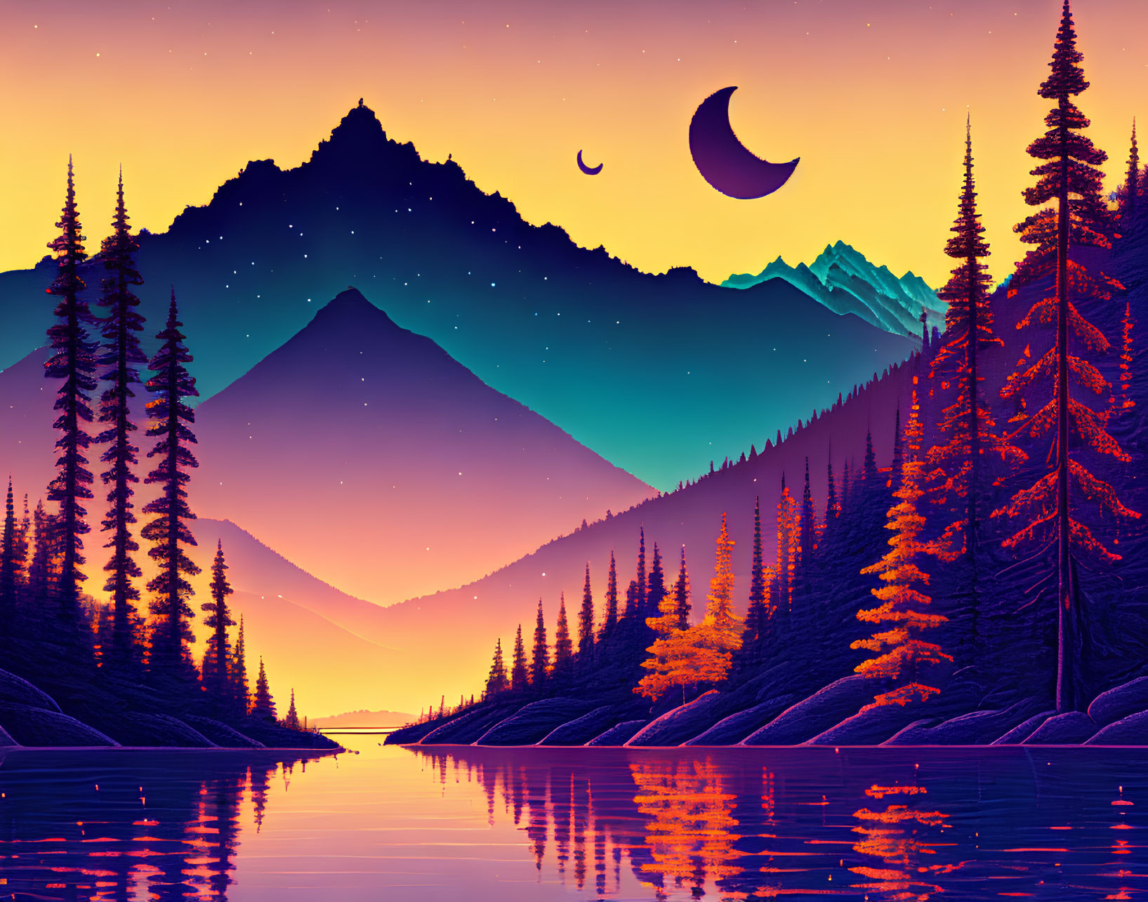 Digital Art: Sunset over mountain landscape with lake reflection, pine trees, crescent moon