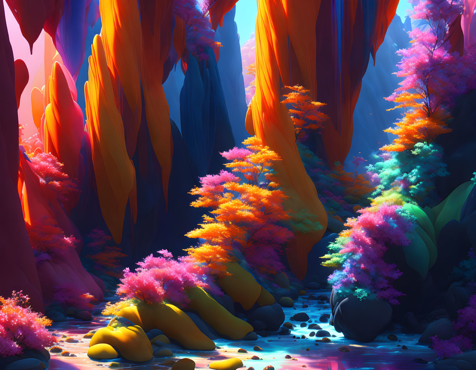 Luminous, multicolored forest with towering rock formations and tranquil stream