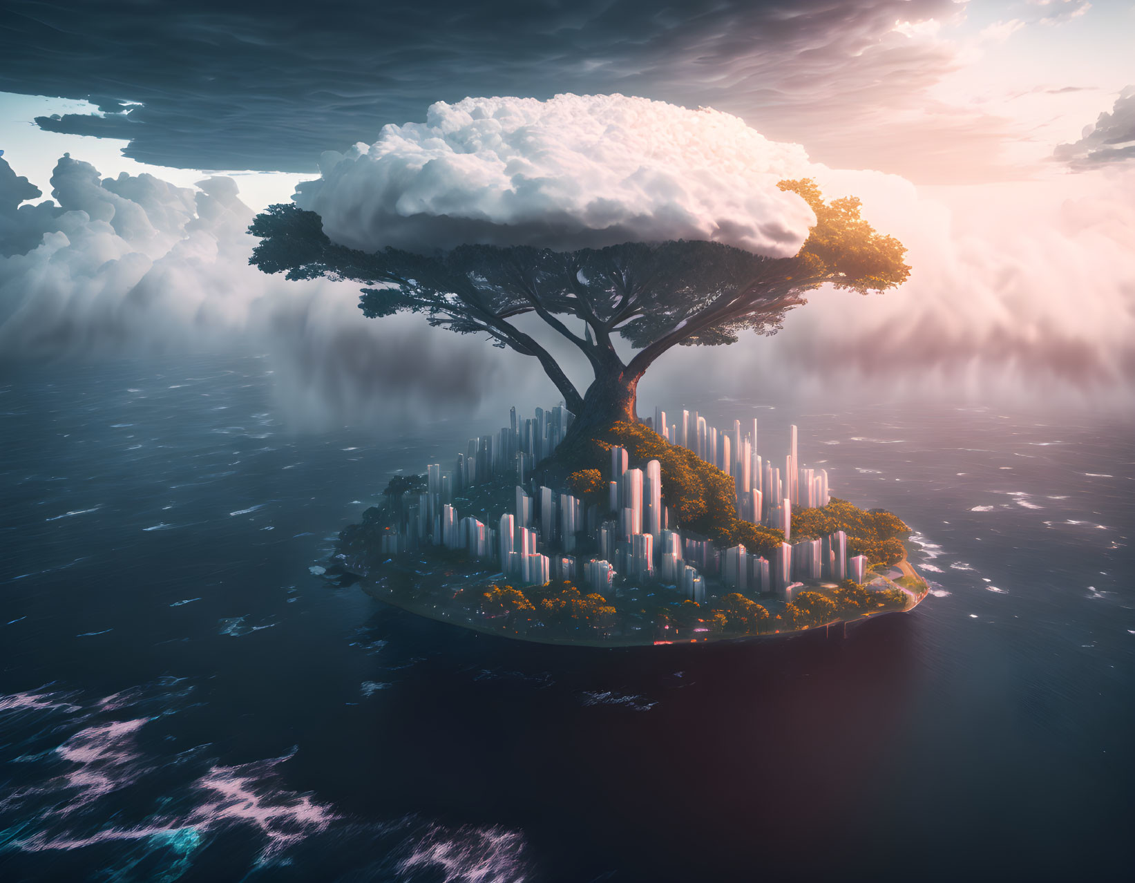 Giant tree overlooking misty cityscape by serene ocean
