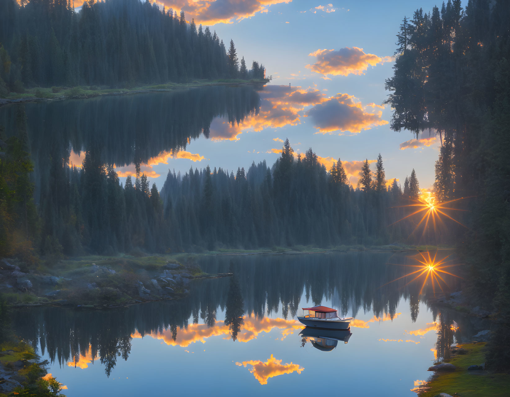 Tranquil sunset scene: lake, vibrant clouds, boat, sunburst through trees