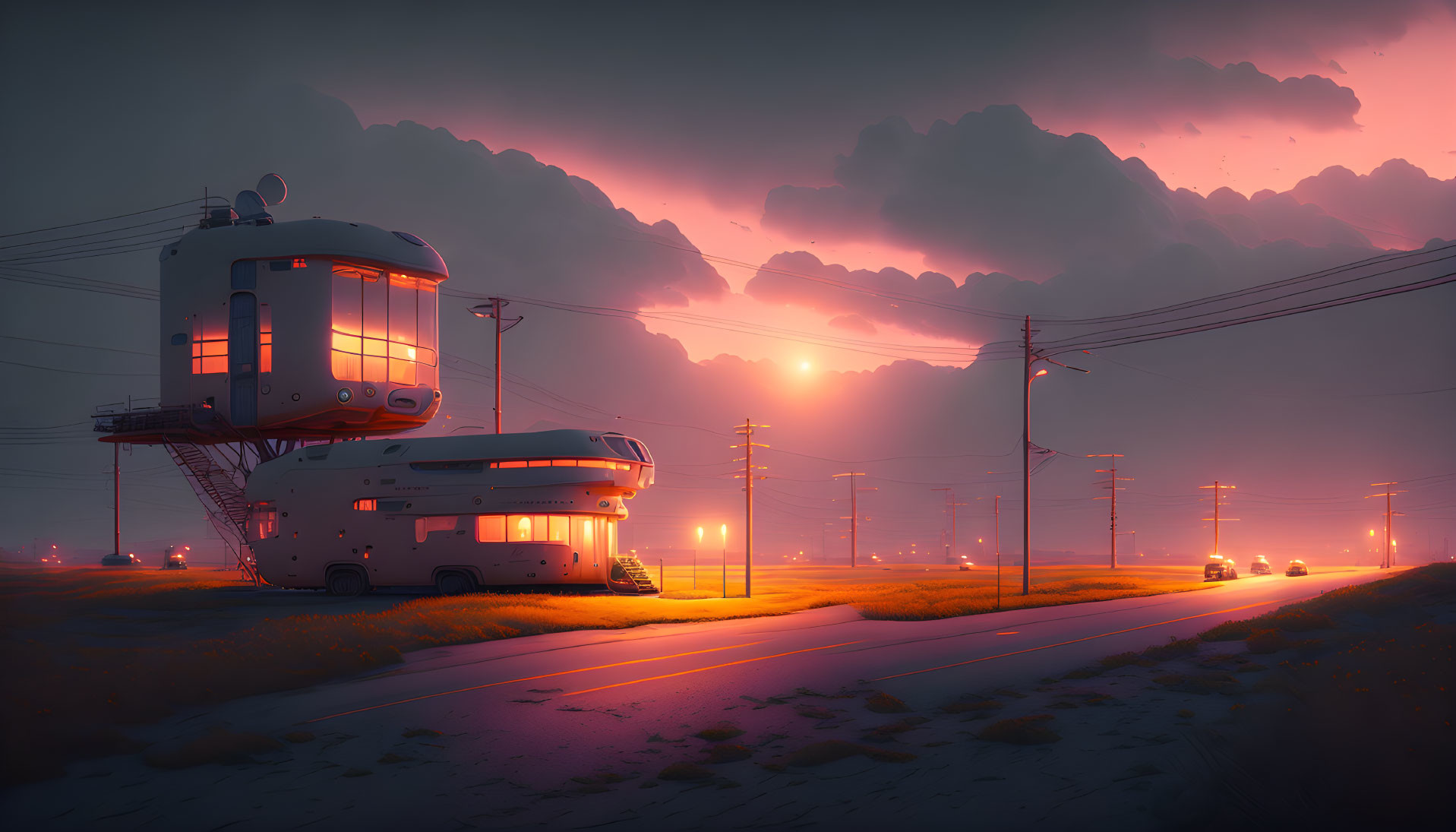 Futuristic house on stilts under dramatic sunset sky