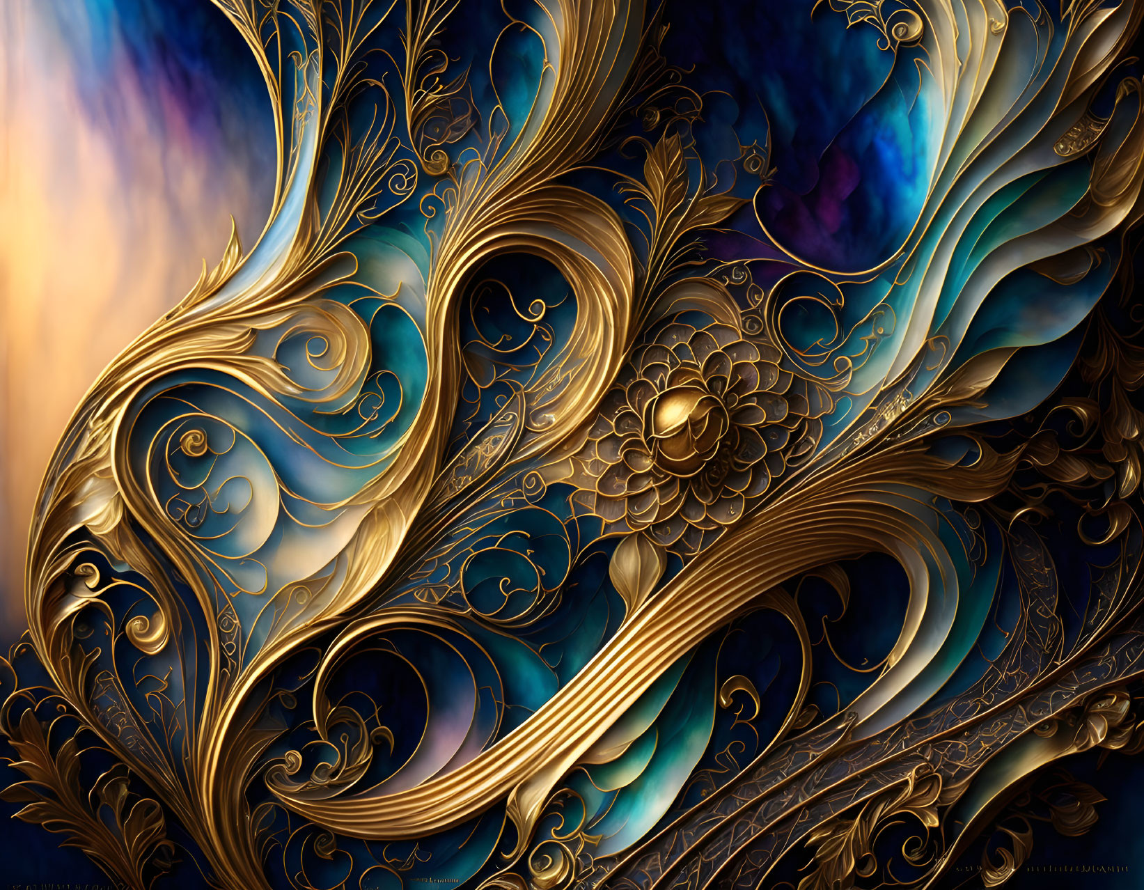 Intricate digital artwork with golden filigree on cosmic blue and violet backdrop