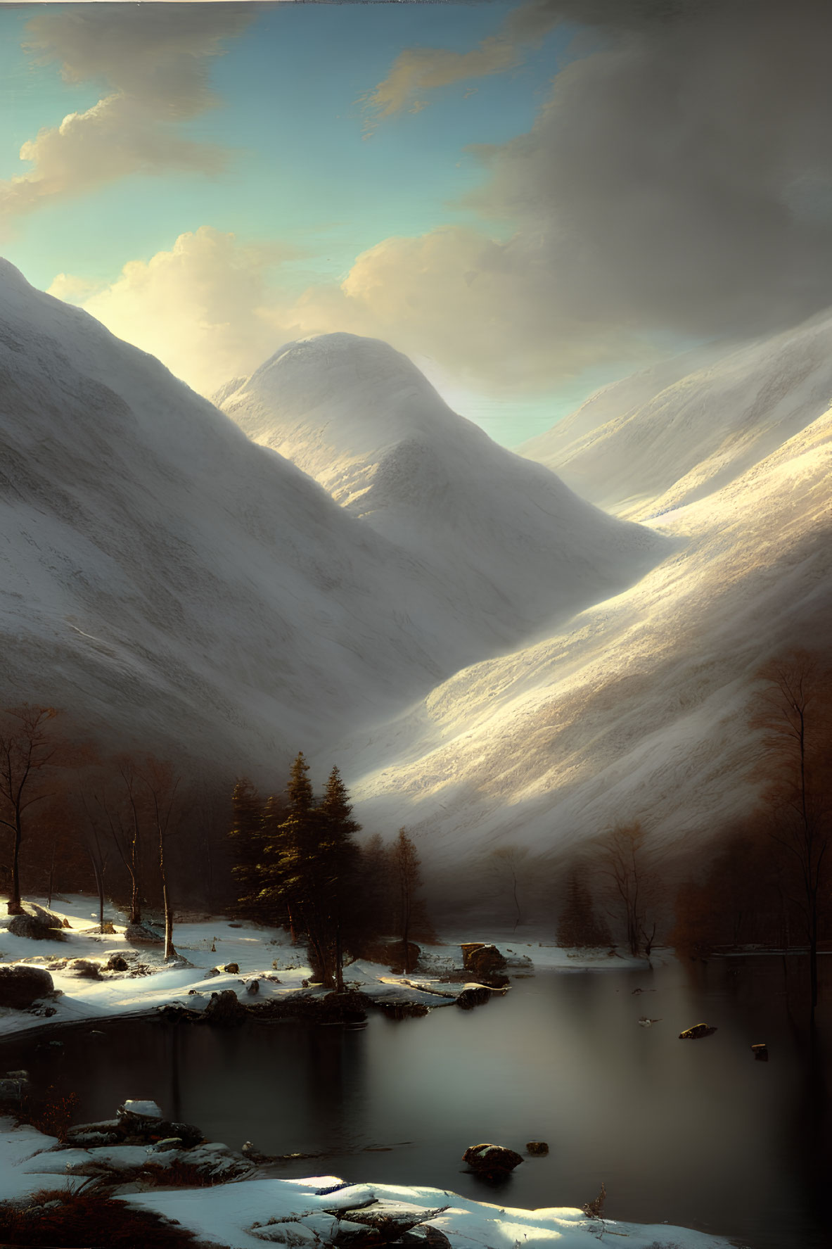 Snowy Mountain Landscape with Calm Lake and Golden Sunlight