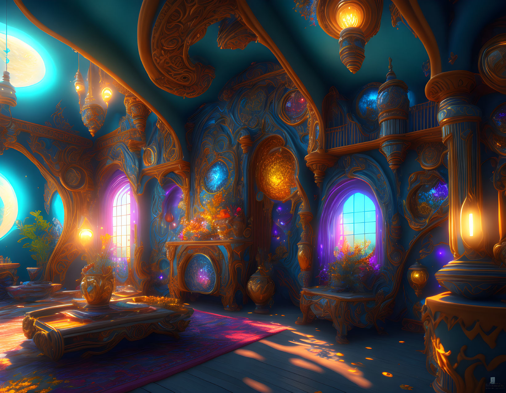 Vividly colored magical interior with glowing orbs and ornate furniture