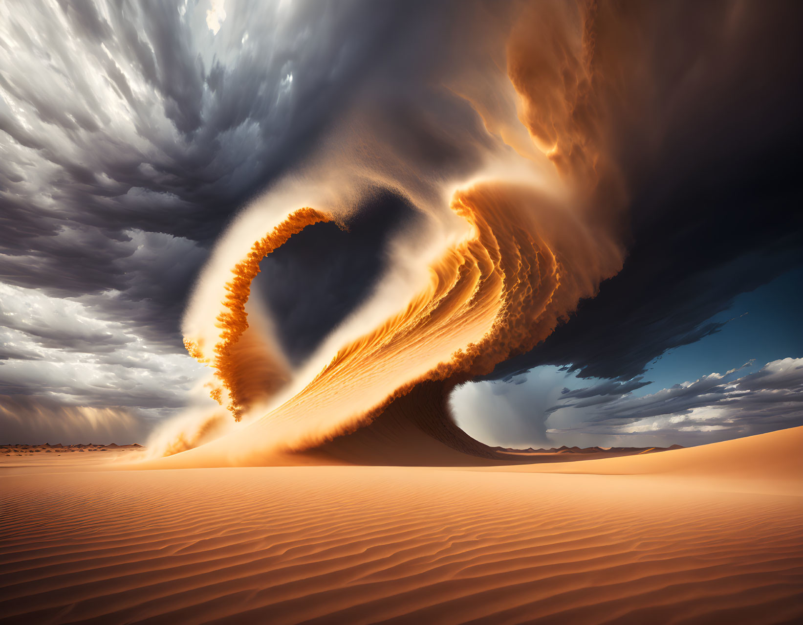 Dramatic desert landscape with twisted sand formation under stormy sky