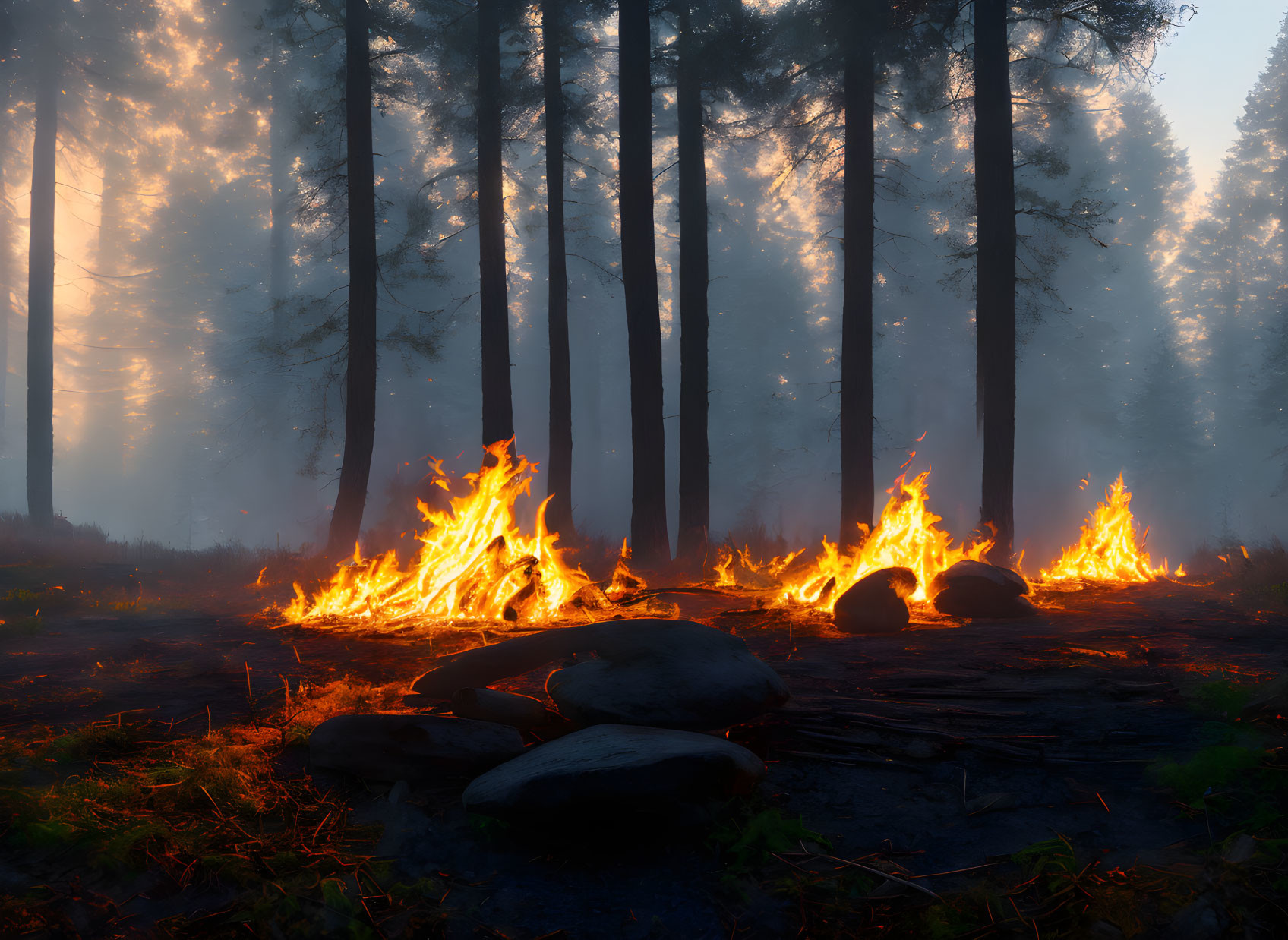 Forest fire burning amidst tall trees in hazy sunlight.