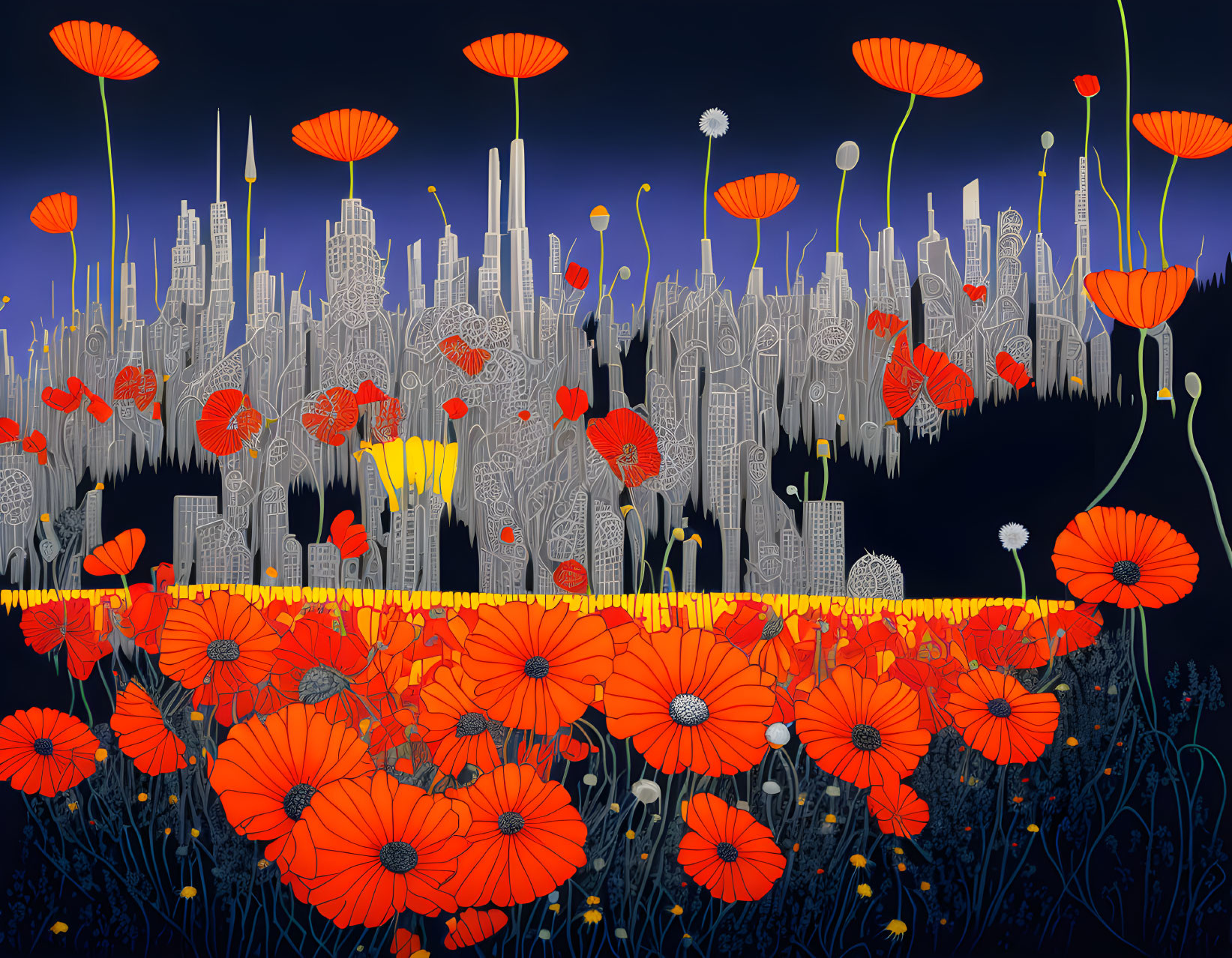 Cityscape and poppy field merge in vibrant illustration