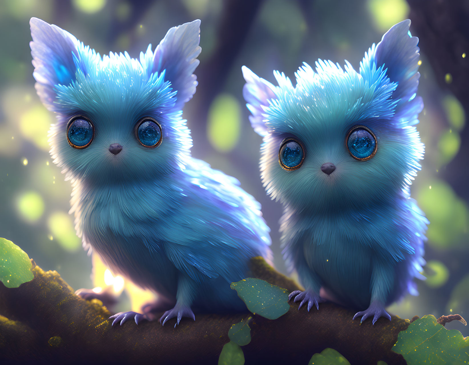 Fluffy blue fantasy creatures with expressive eyes on branch in enchanted forest