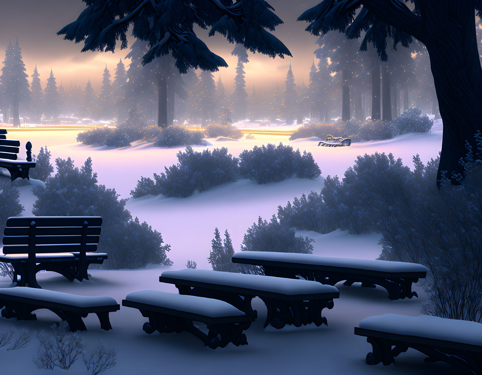Snow-covered Winter Scene: Benches, Trees, and Frozen Lake at Dusk