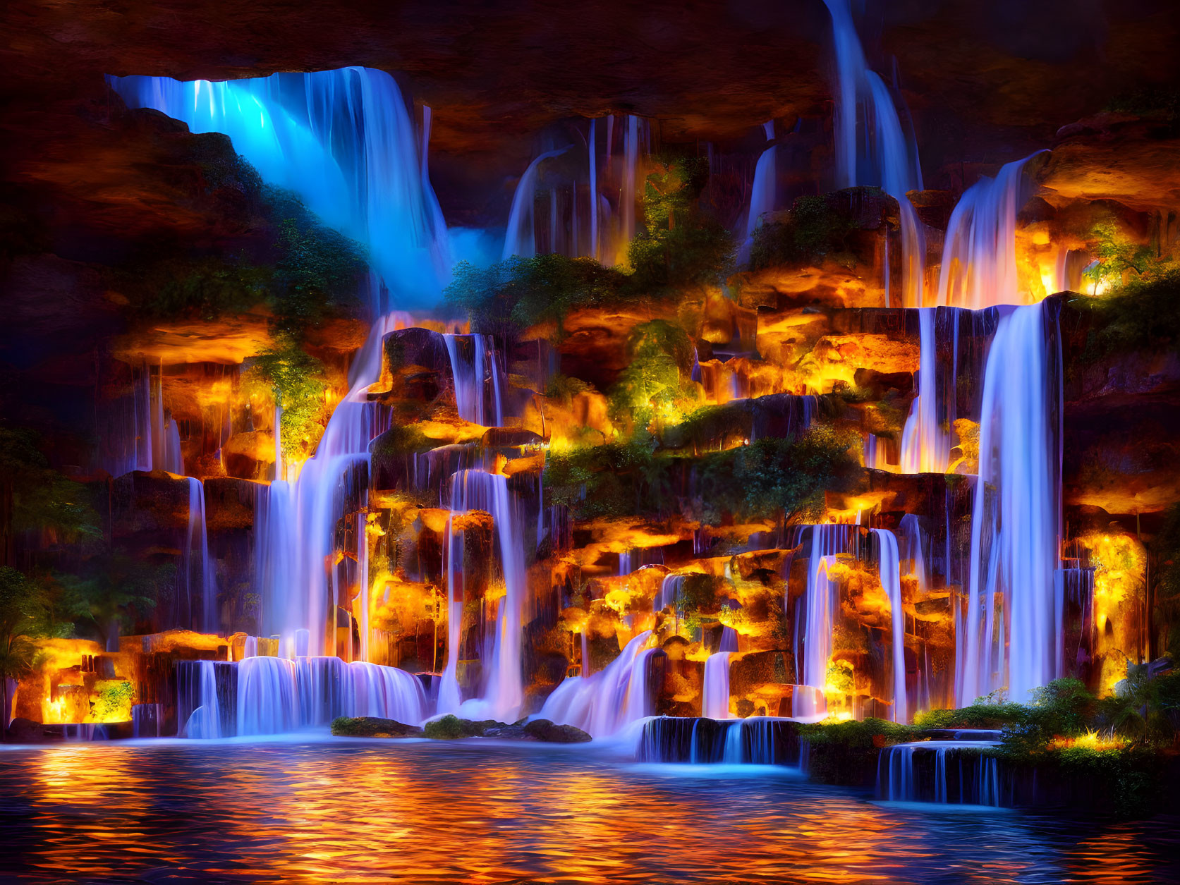 Scenic image of illuminated waterfalls cascading into serene water