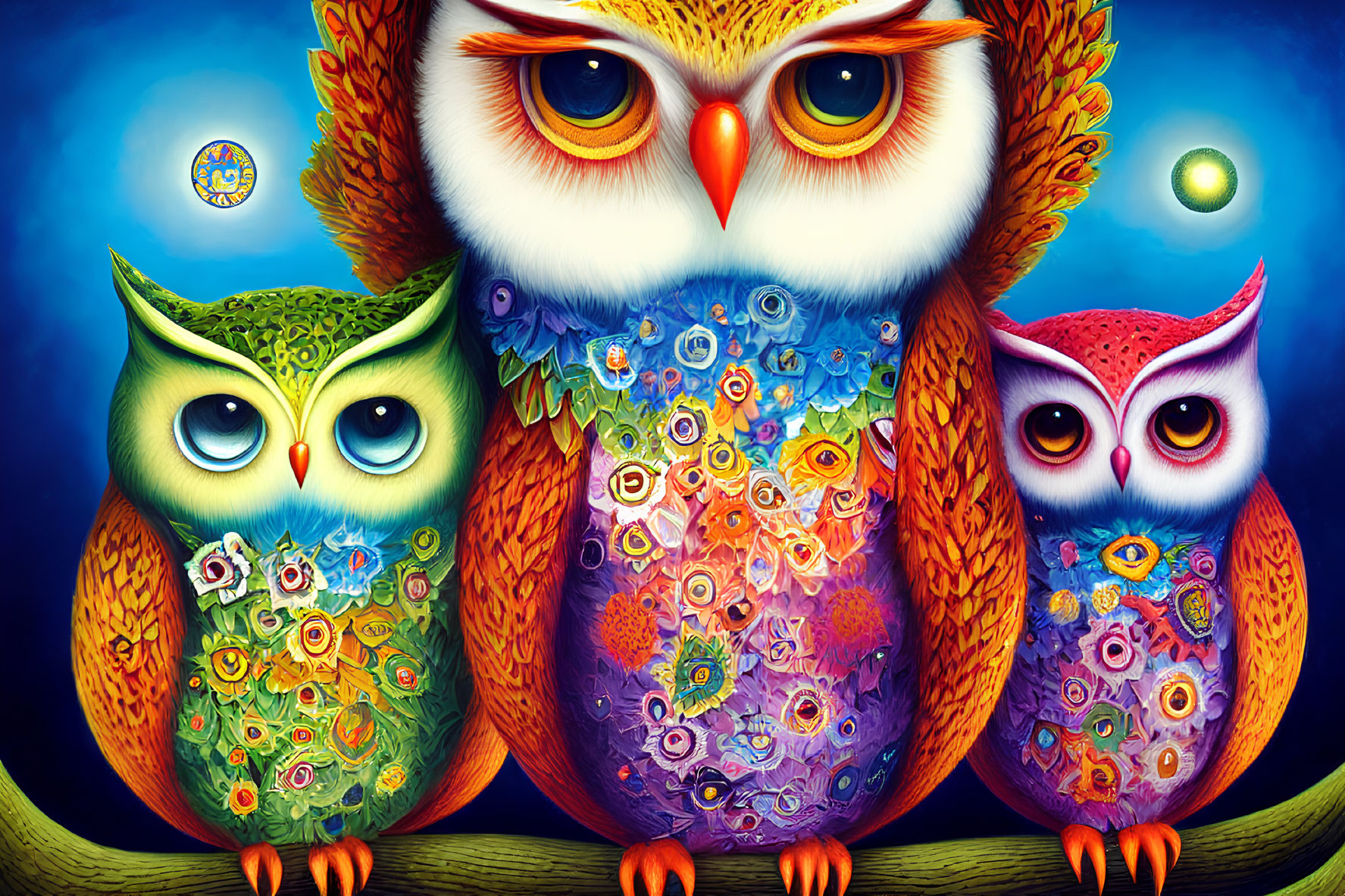 Colorful stylized owls with expressive eyes on branch against blue background