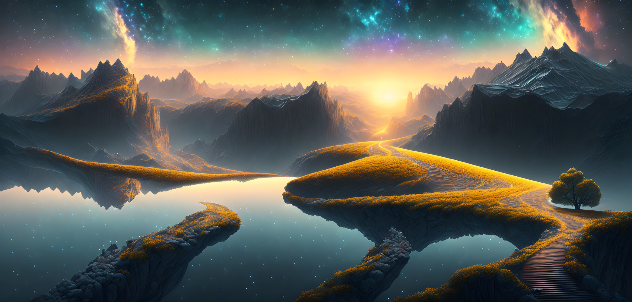 Surreal landscape with floating islands, wooden pathway, mountains, and starry sky