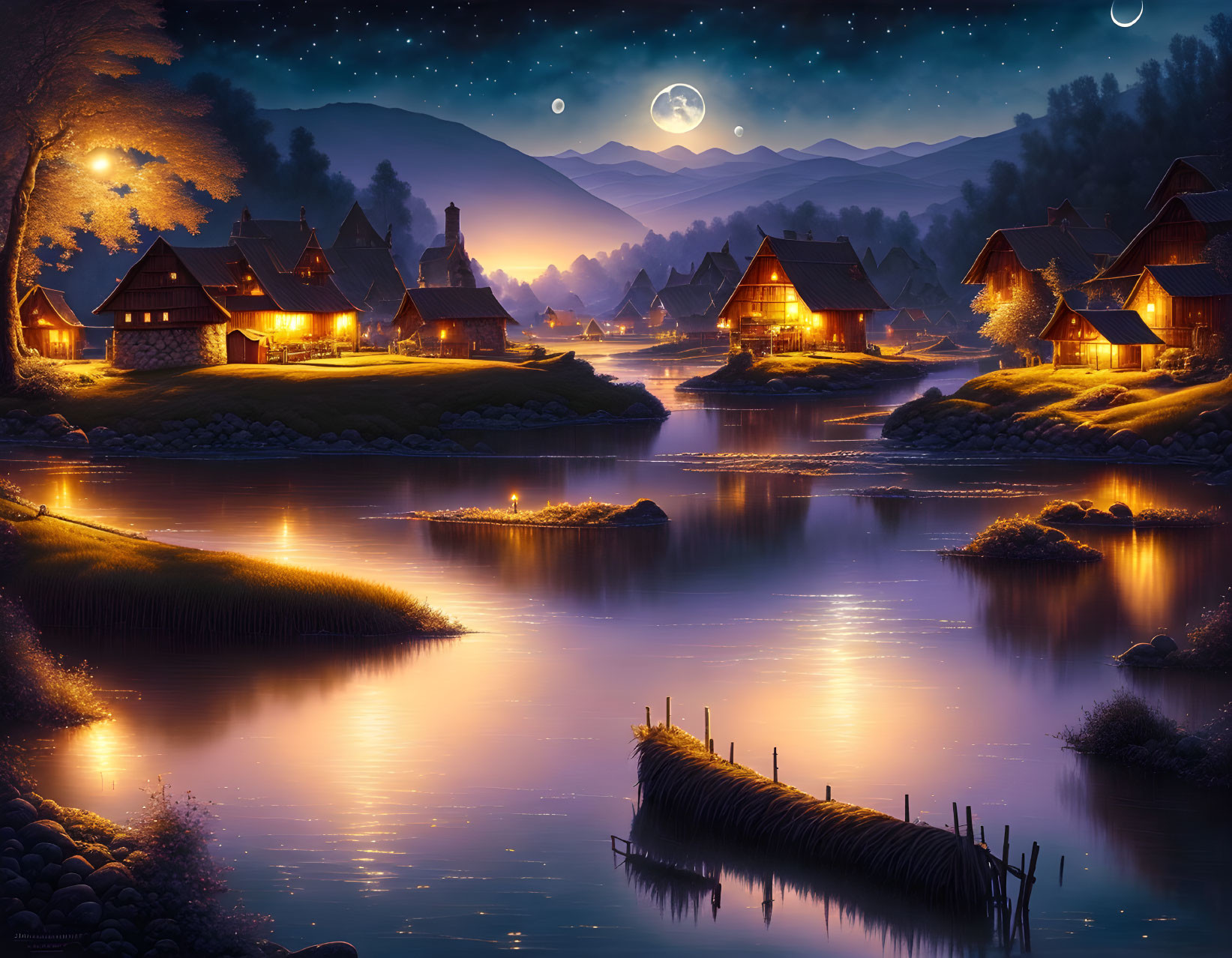 Scenic night view: Thatched-roof cottages, river, mountains, starry sky