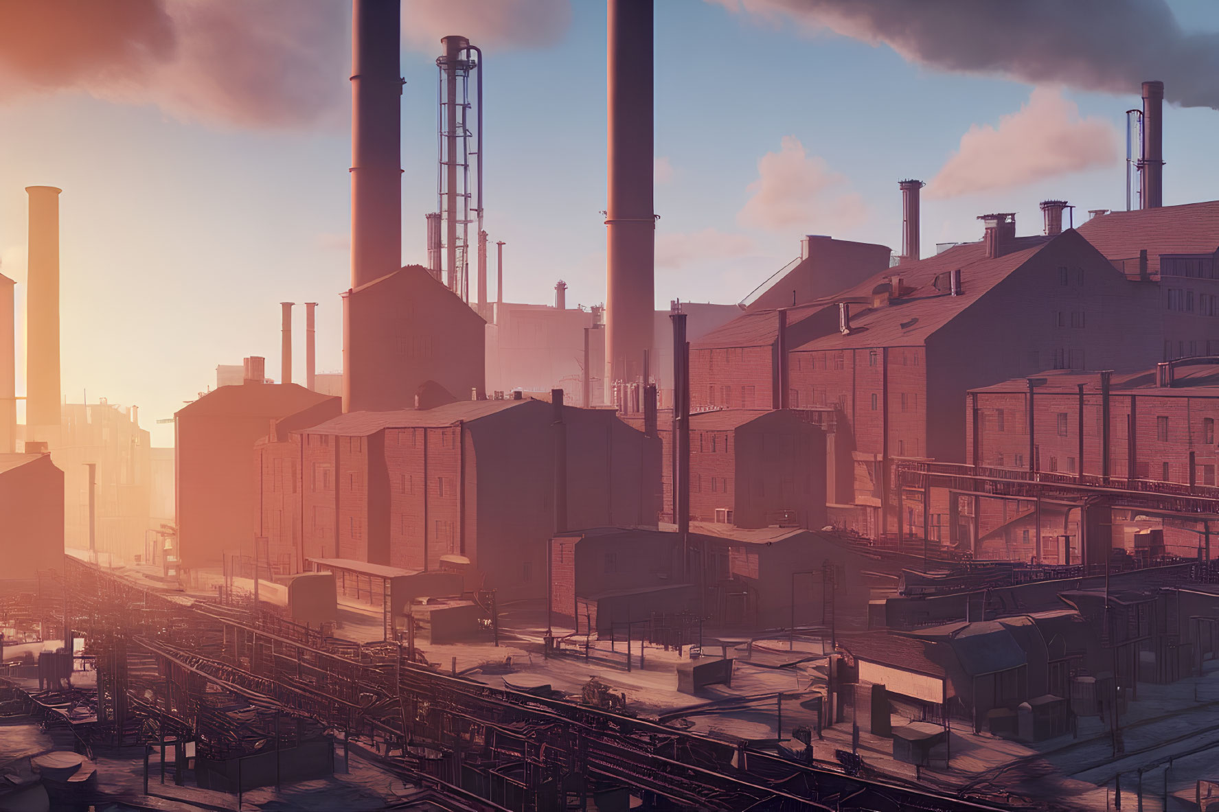 Industrial Area with Smokestacks and Sunset Sky