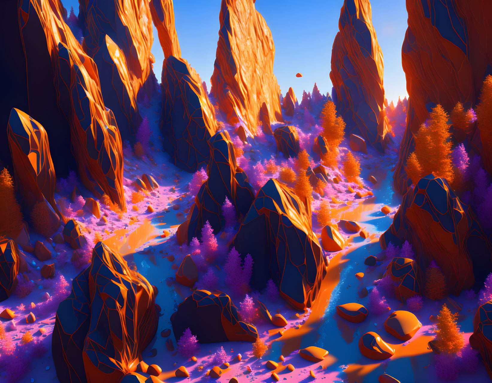 Colorful alien landscape with towering rock formations and unique flora