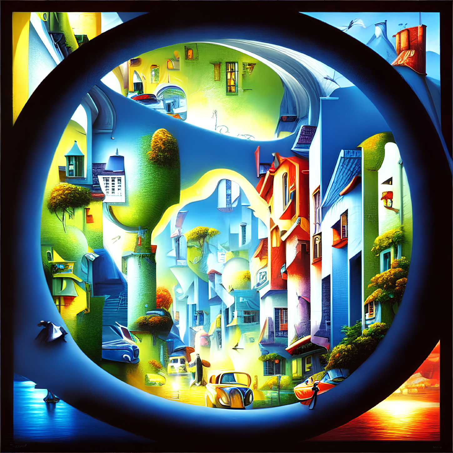 Surrealist painting of distorted urban landscape in circular frame