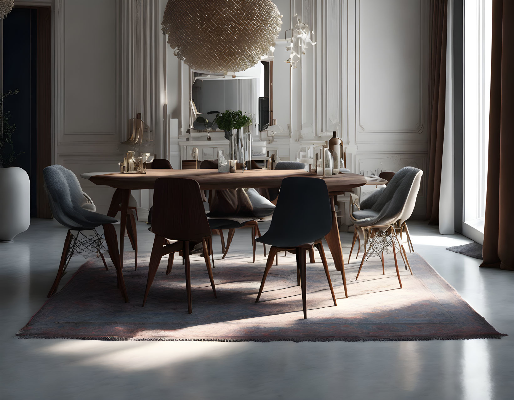 Classic dining room with wooden table, varied chairs, decorative rug, large windows, contemporary chandelier