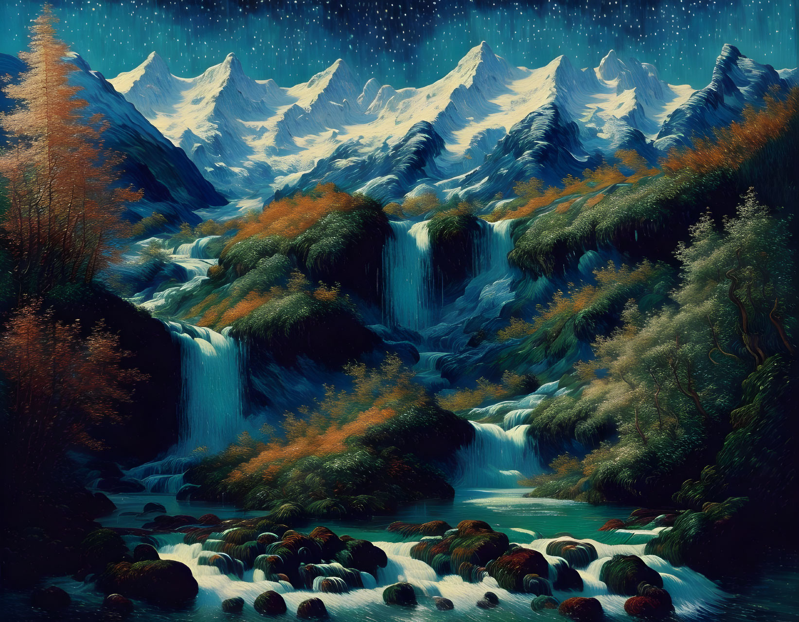 Serene landscape with starry night sky, snowy mountains, waterfalls, and autumnal trees