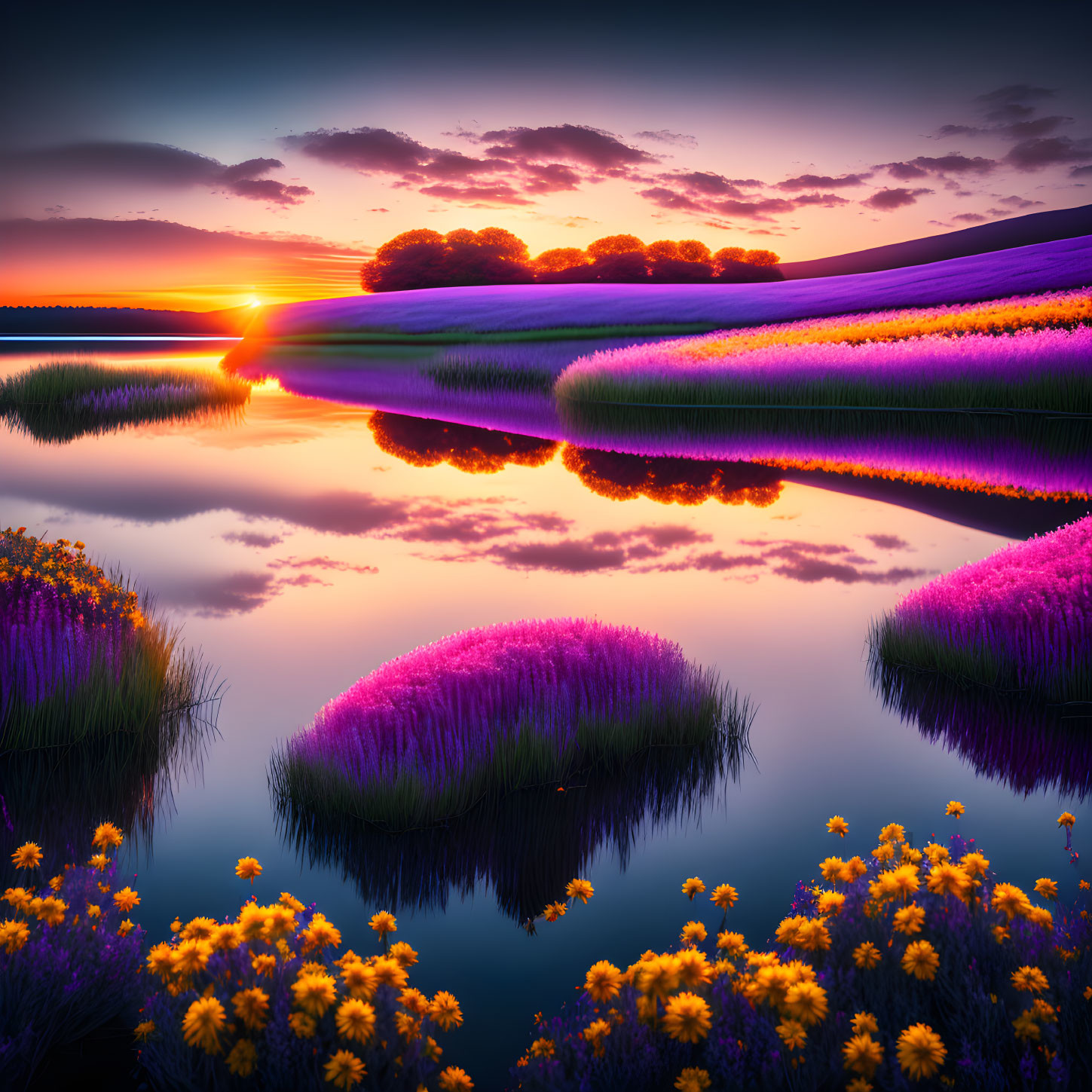 Tranquil lake at sunset with colorful reflections and vibrant flowers