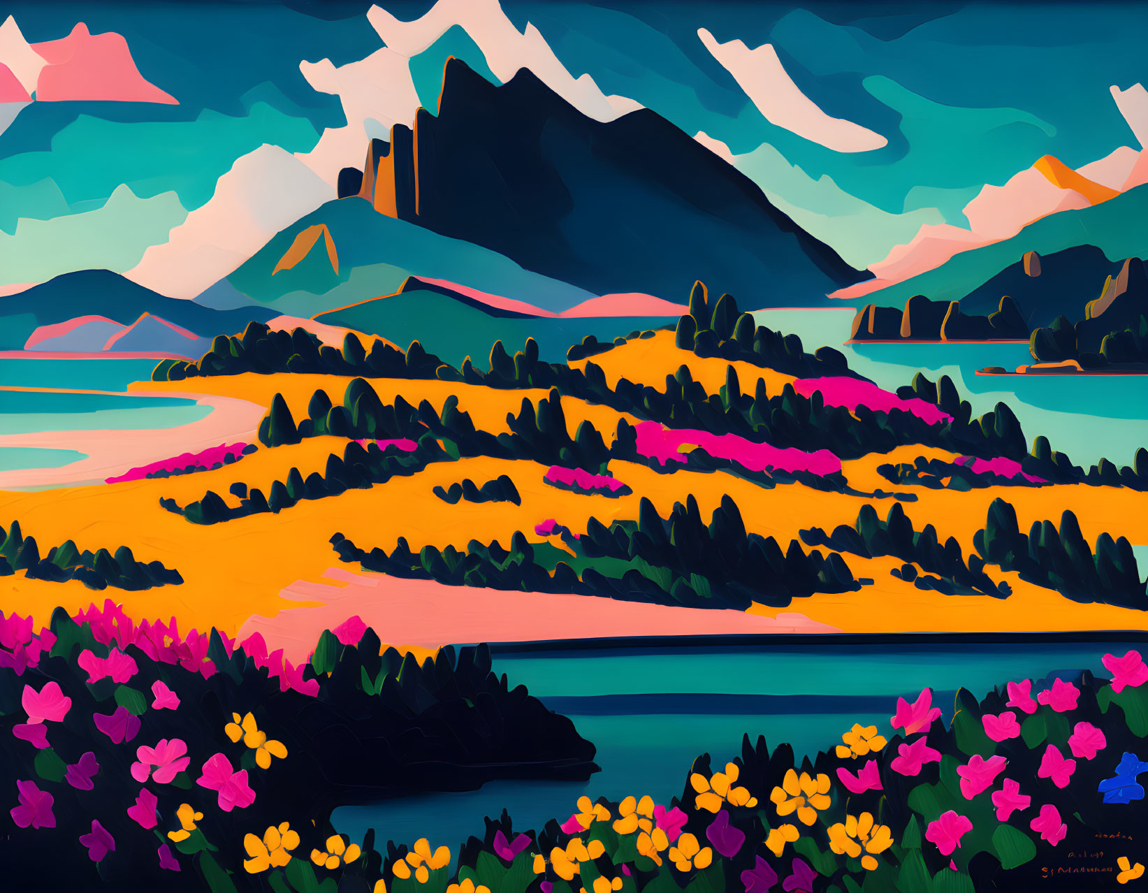 Colorful stylized landscape with rolling hills, lake, and mountains under pastel sky