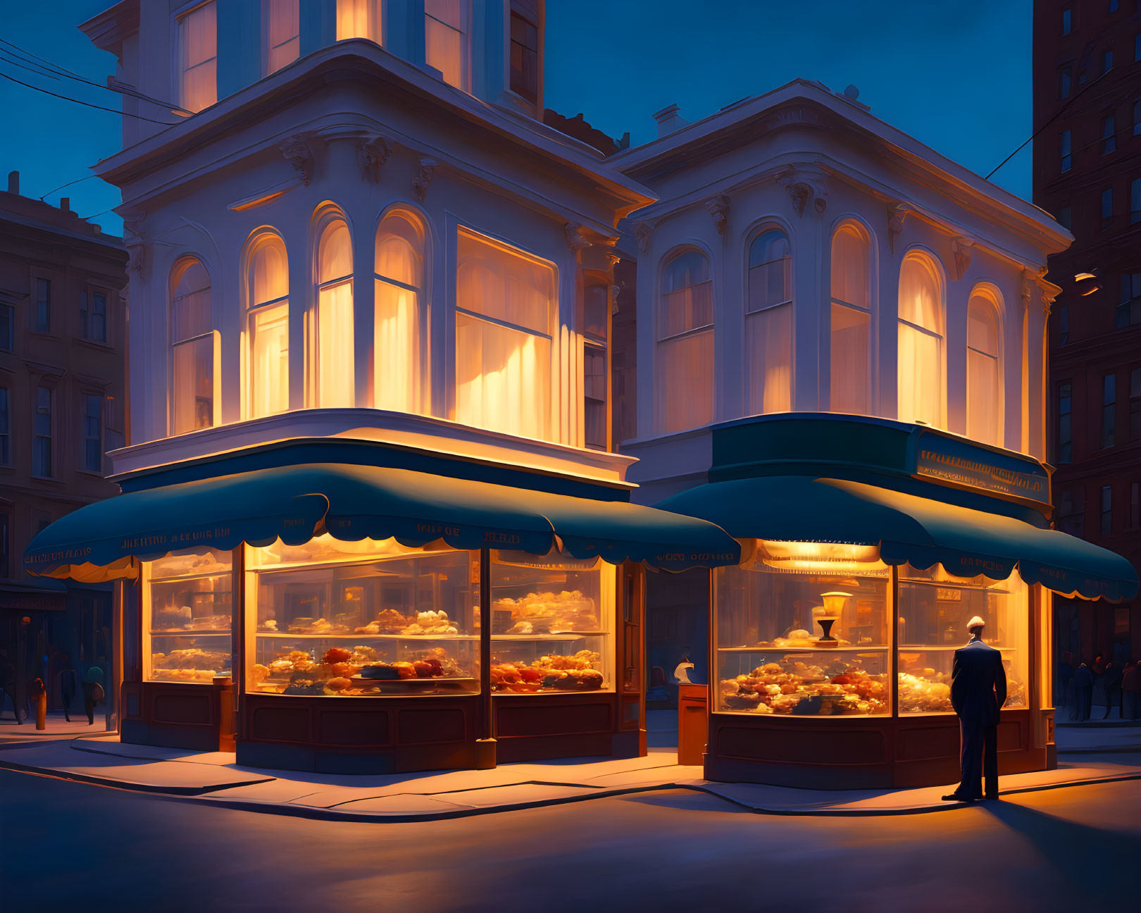 Cozy pastry shop at dusk with warm lights and baked goods display