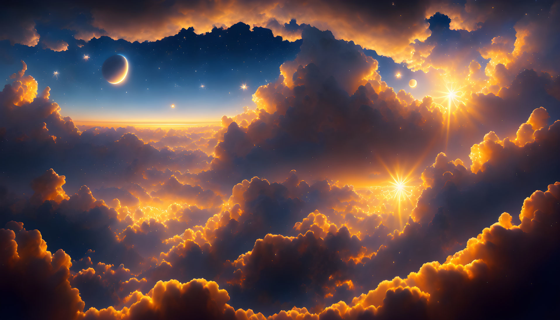 Dramatic skyscape with billowing clouds and crescent moon